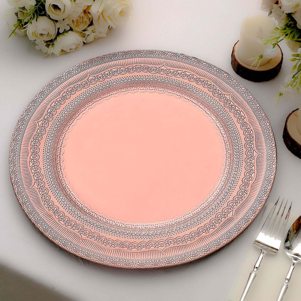 6-Pack Acrylic Round Charger Plates 13" in Rose Gold with Lace Embossed Rim, Rustic Plastic Decorative Charger Tableware