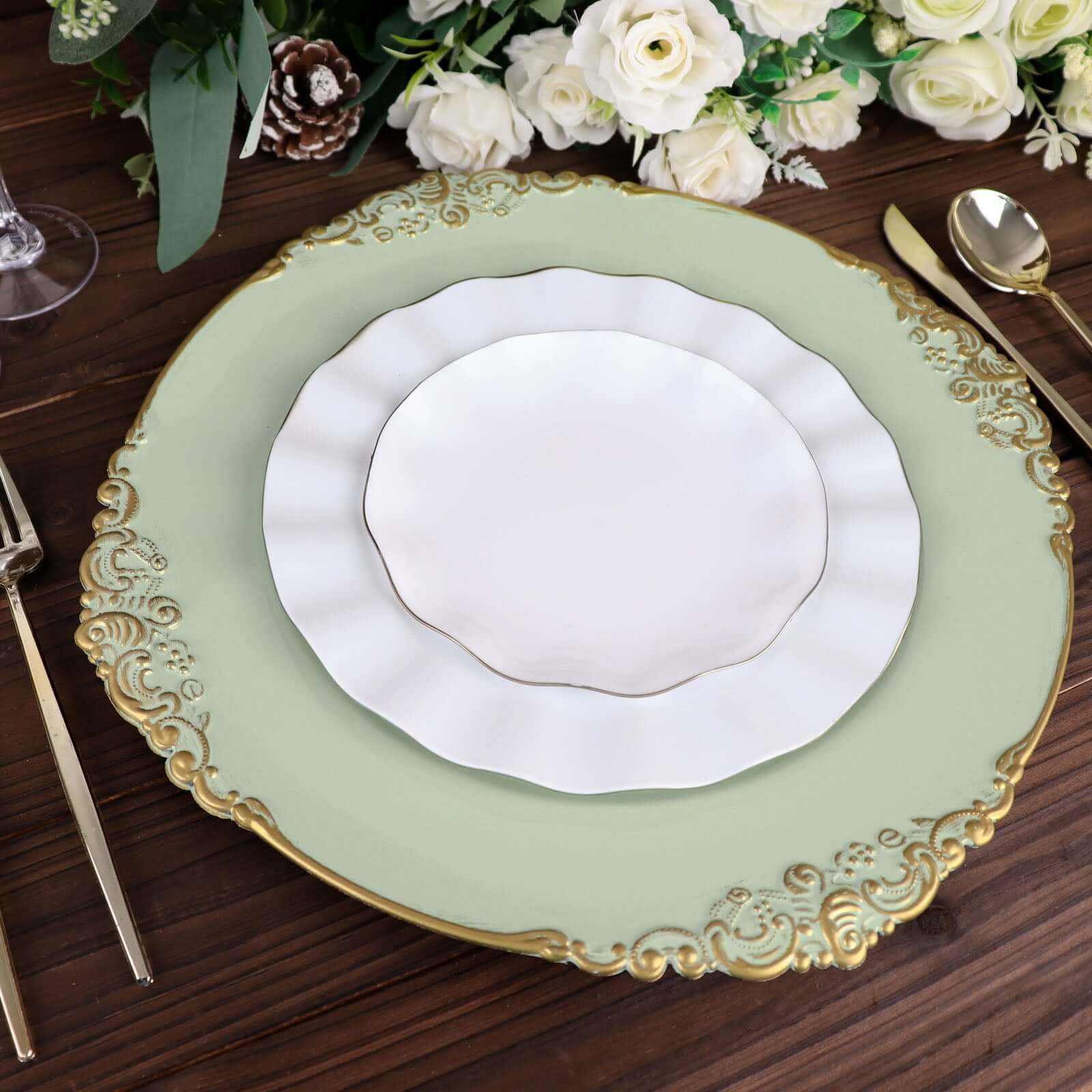 6 - Pack Acrylic Round Charger Plates 13" in Sage Green with Gold Embossed Baroque Rim, Antique Decorative Dinner Party Charger Tableware - Bell Racket Store