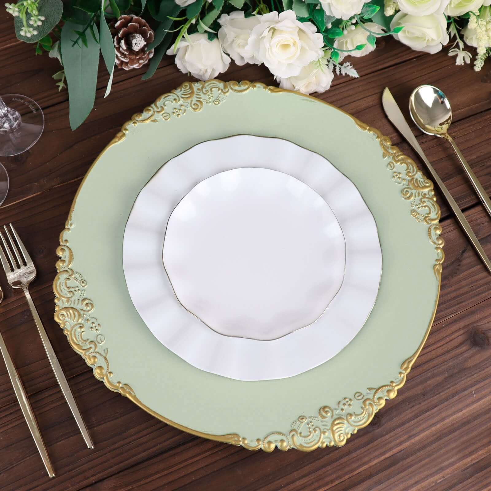 6 - Pack Acrylic Round Charger Plates 13" in Sage Green with Gold Embossed Baroque Rim, Antique Decorative Dinner Party Charger Tableware - Bell Racket Store