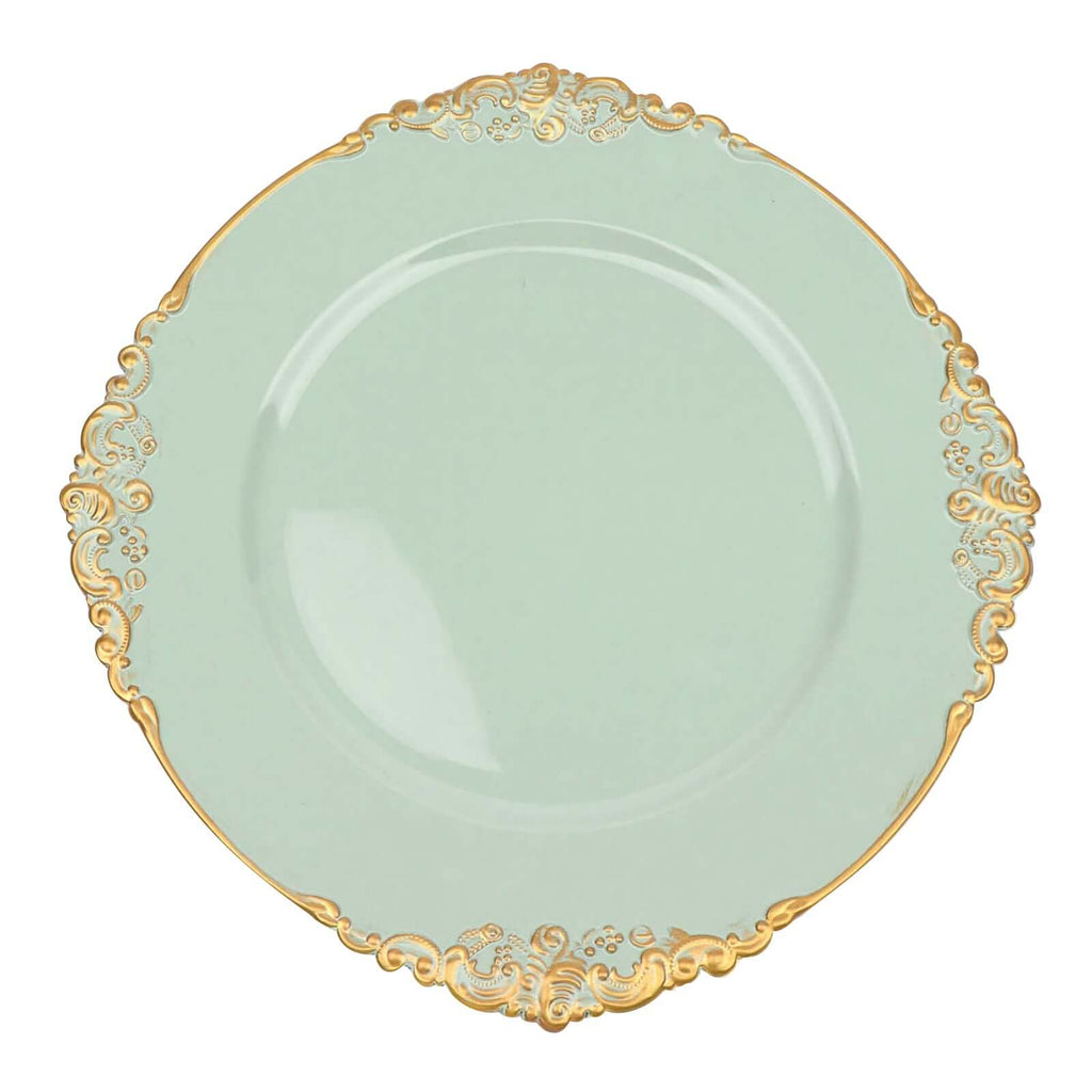 6 - Pack Acrylic Round Charger Plates 13" in Sage Green with Gold Embossed Baroque Rim, Antique Decorative Dinner Party Charger Tableware - Bell Racket Store