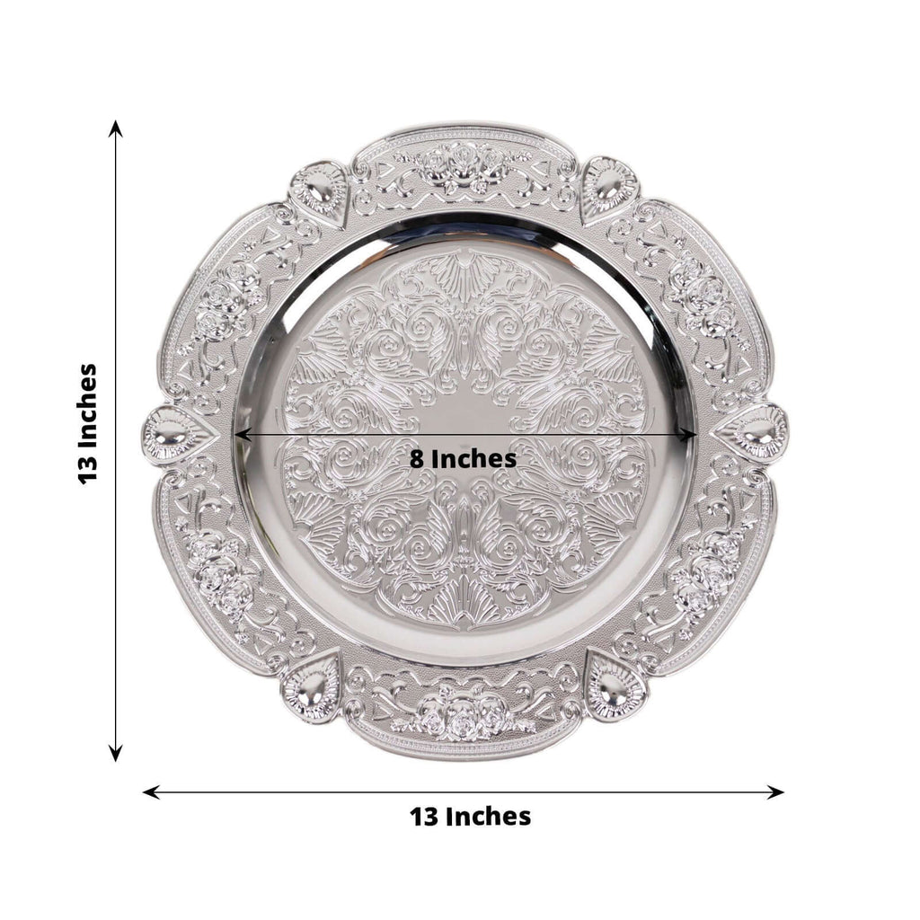 6 - Pack Acrylic Round Charger Plates 13" in Silver Floral Embossed with Scalloped Rim, Plastic Decorative Charger Tableware - Bell Racket Store