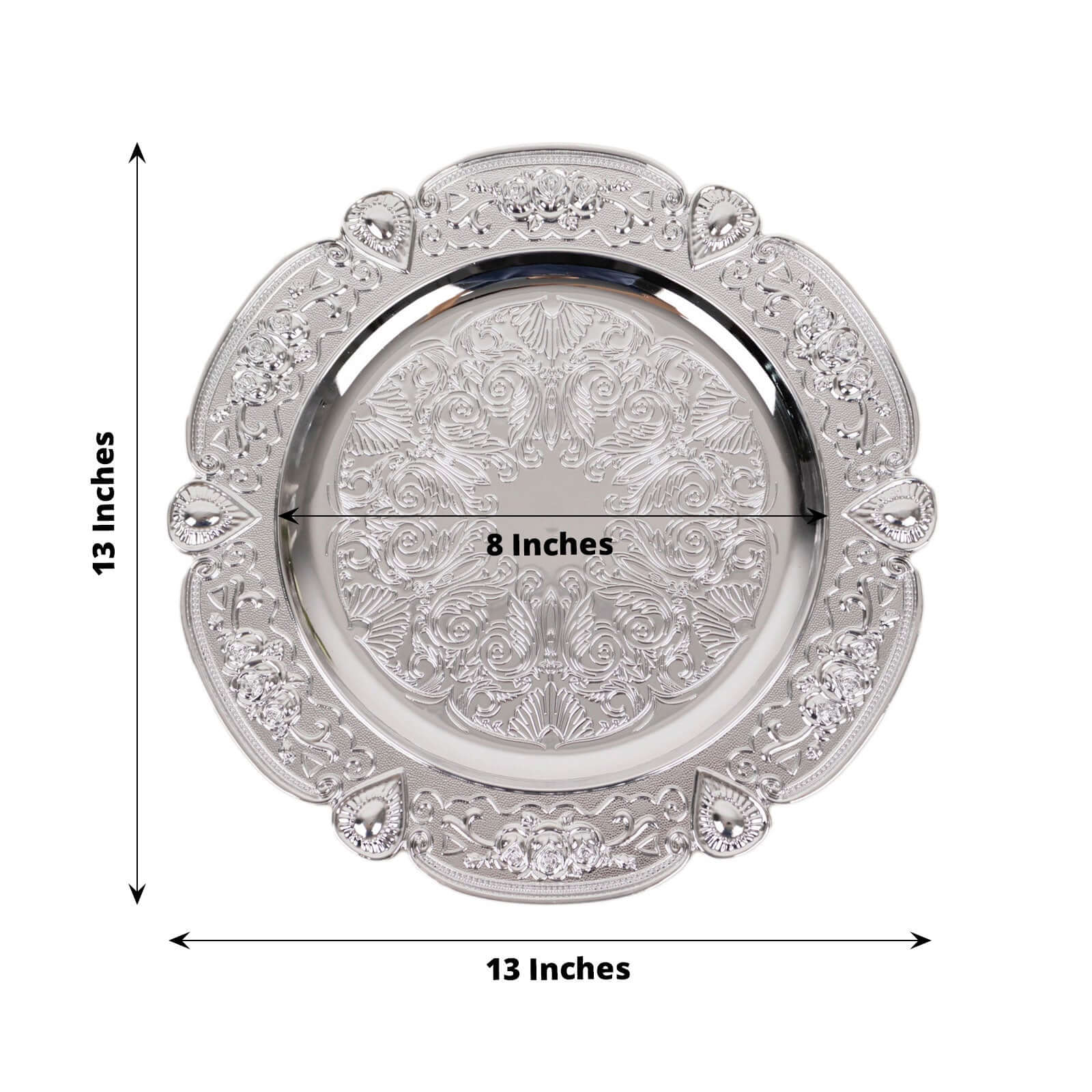 6 - Pack Acrylic Round Charger Plates 13" in Silver Floral Embossed with Scalloped Rim, Plastic Decorative Charger Tableware - Bell Racket Store