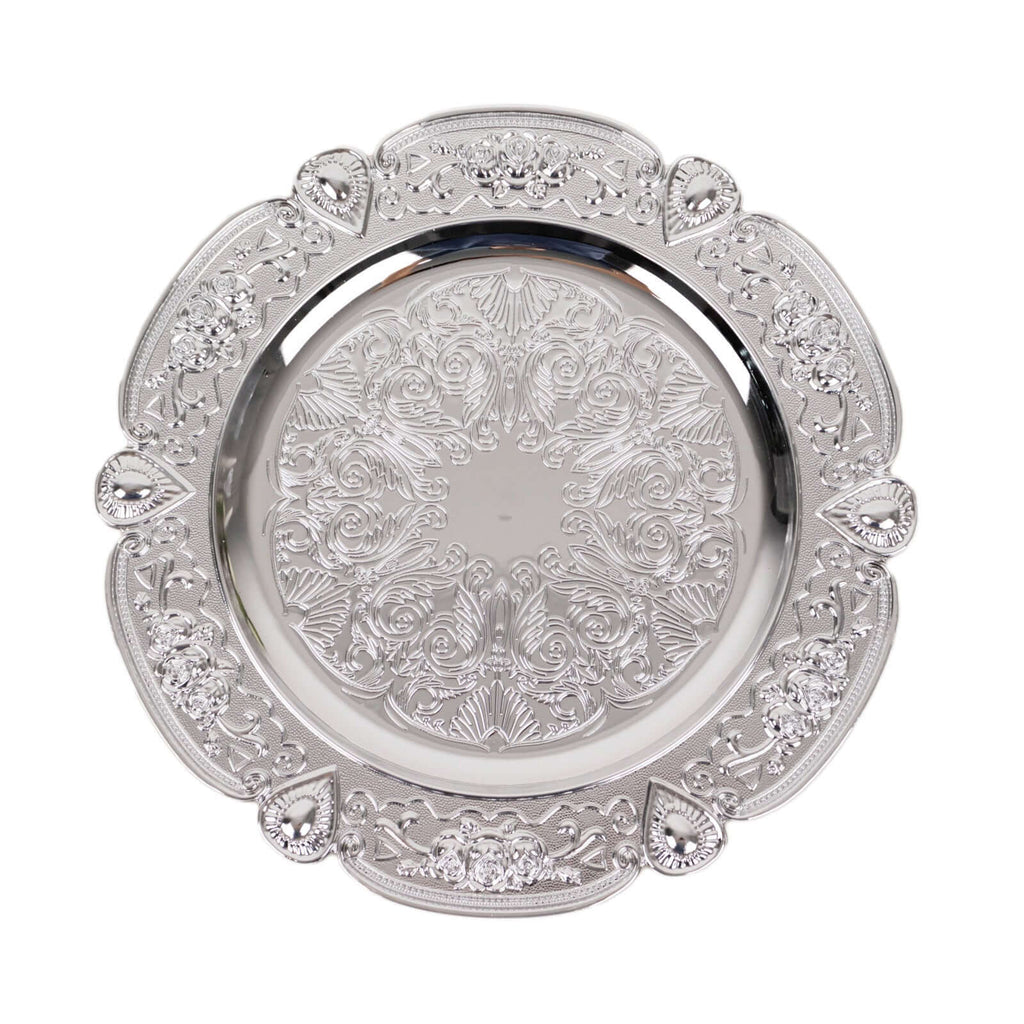 6 - Pack Acrylic Round Charger Plates 13" in Silver Floral Embossed with Scalloped Rim, Plastic Decorative Charger Tableware - Bell Racket Store