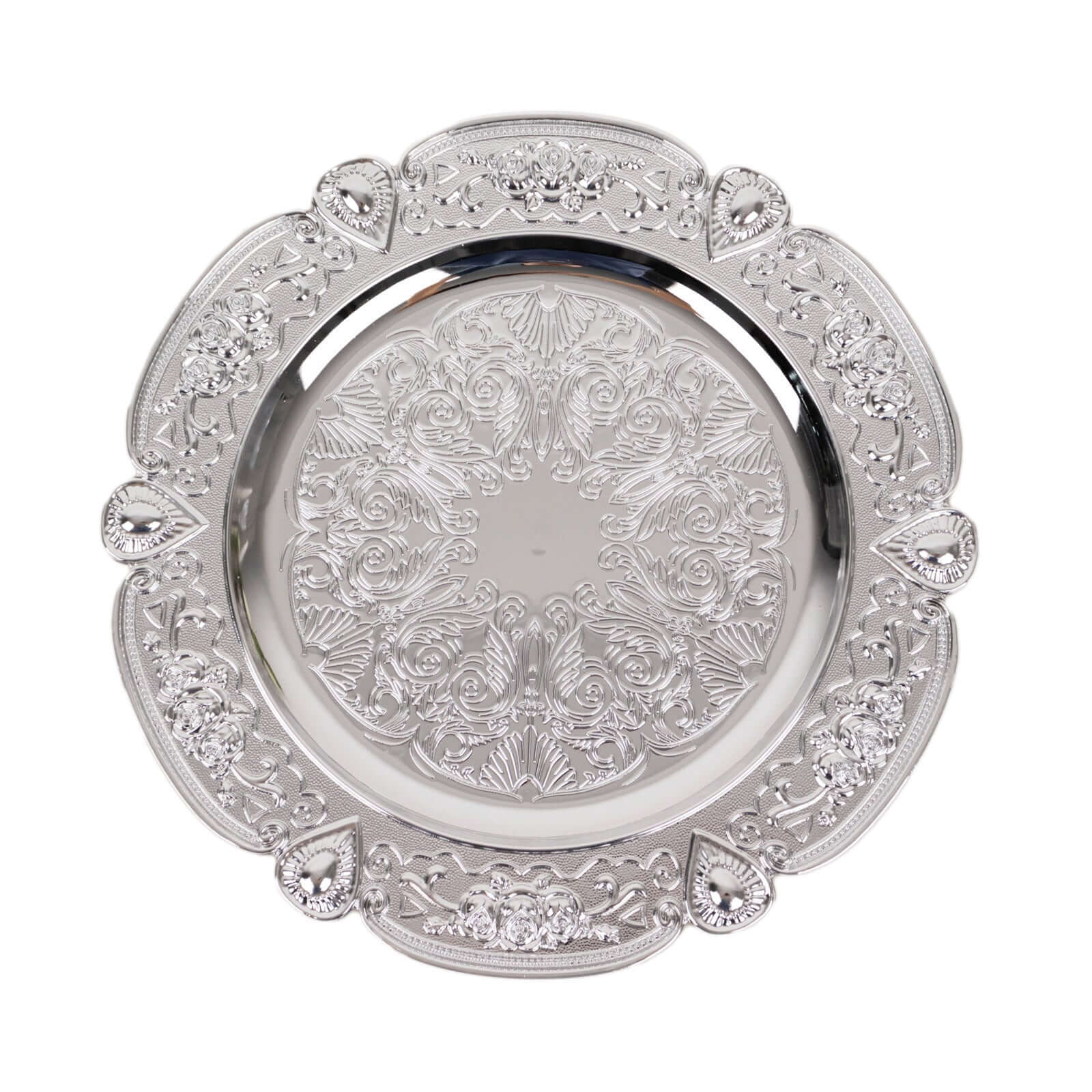 6 - Pack Acrylic Round Charger Plates 13" in Silver Floral Embossed with Scalloped Rim, Plastic Decorative Charger Tableware - Bell Racket Store