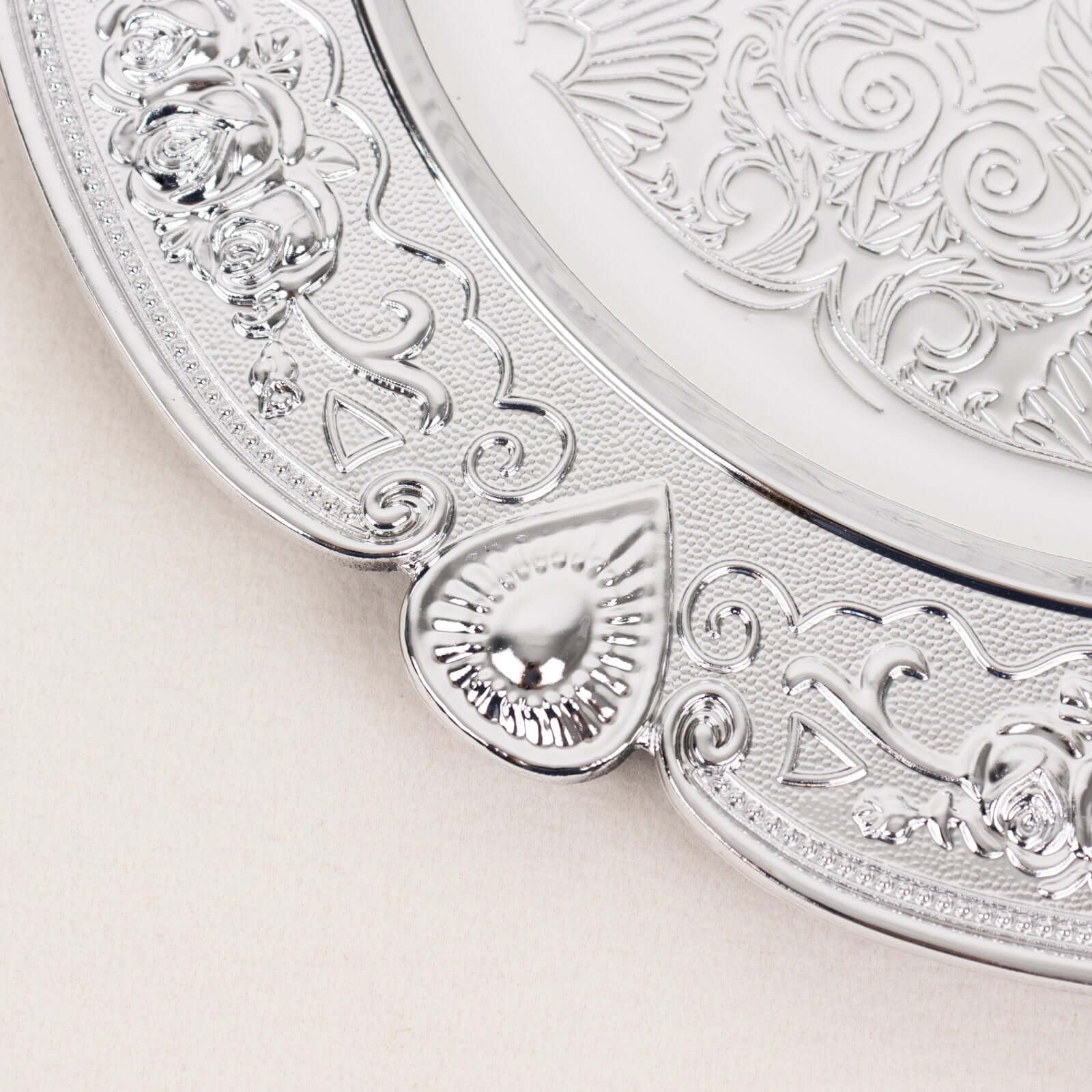 6 - Pack Acrylic Round Charger Plates 13" in Silver Floral Embossed with Scalloped Rim, Plastic Decorative Charger Tableware - Bell Racket Store