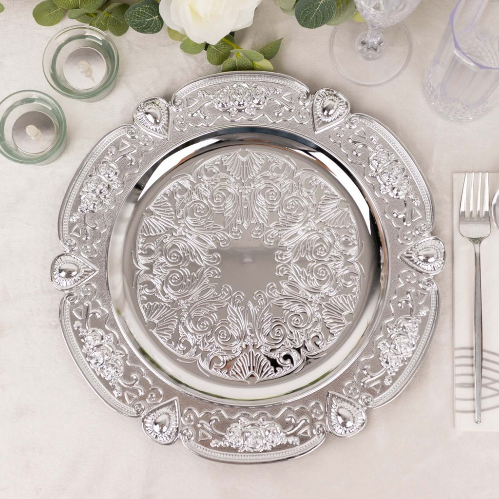 6 - Pack Acrylic Round Charger Plates 13" in Silver Floral Embossed with Scalloped Rim, Plastic Decorative Charger Tableware - Bell Racket Store