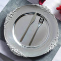 6-Pack Acrylic Round Charger Plates 13" in Silver with Embossed Baroque Rim, Antique Decorative Dinner Party Charger Tableware