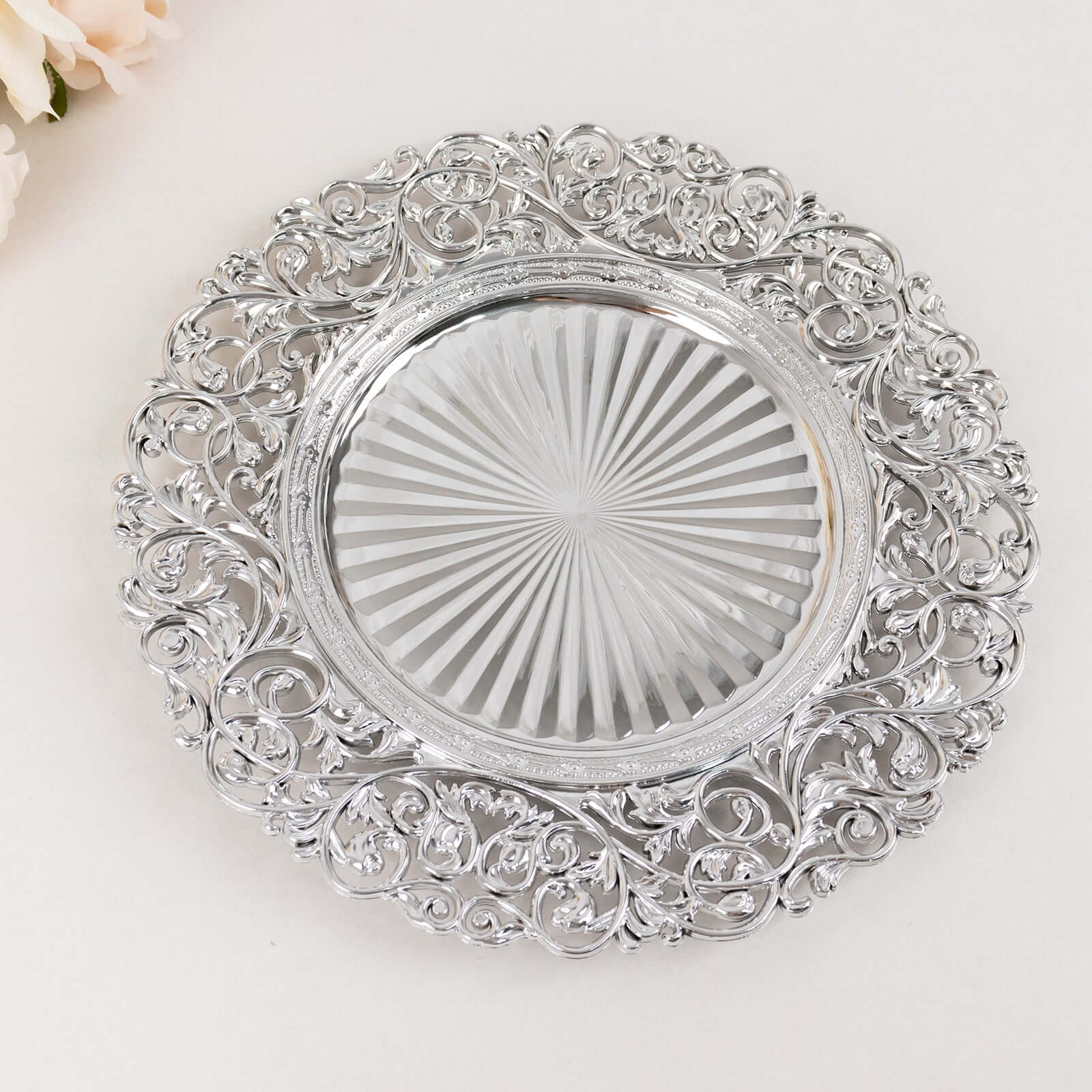 6 - Pack Acrylic Round Charger Plates 13" in SIlver with Vintage Floral Carved Rim, Event Tabletop Decorative Charger Tableware - Bell Racket Store