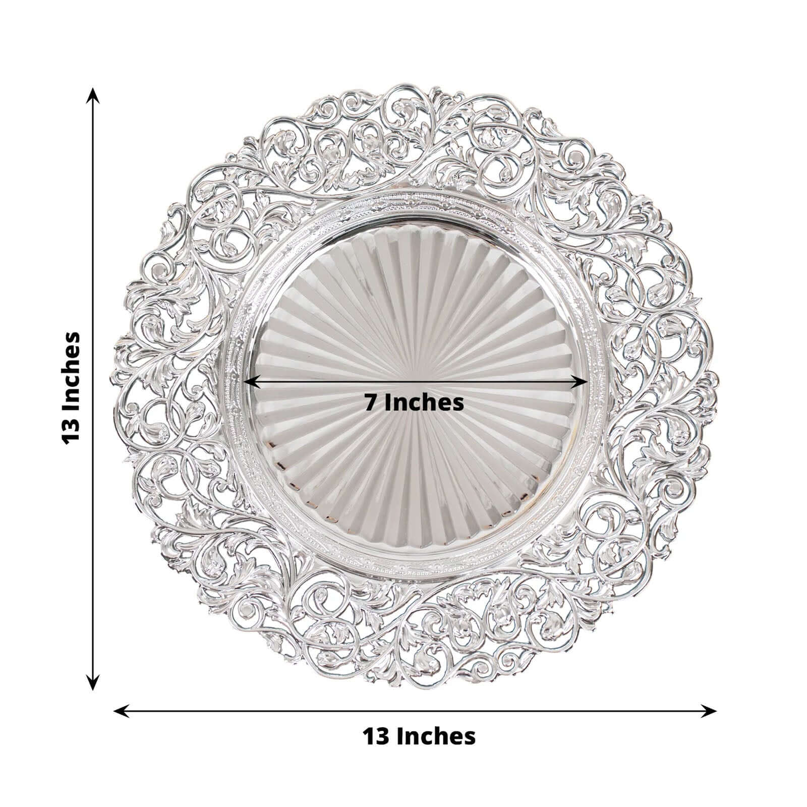 6 - Pack Acrylic Round Charger Plates 13" in SIlver with Vintage Floral Carved Rim, Event Tabletop Decorative Charger Tableware - Bell Racket Store