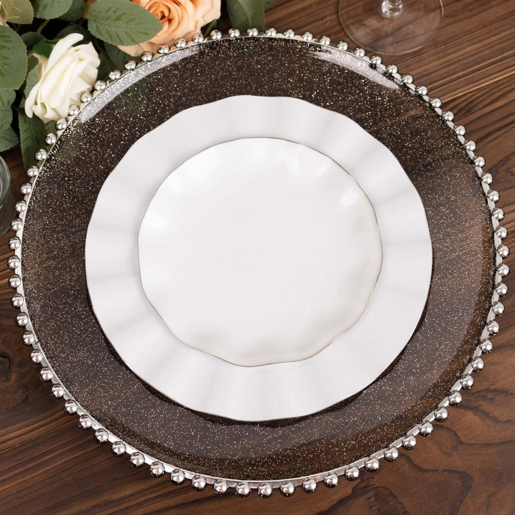 6 - Pack Acrylic Round Charger Plates 13" in Transparent Black Silver Glittered with Beaded Rim, Decorative Dinner Party Charger Tableware - Bell Racket Store