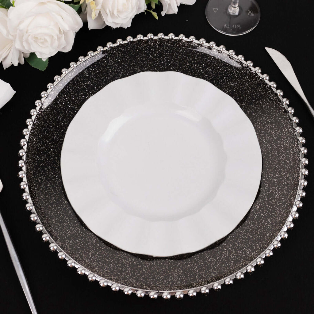 6 - Pack Acrylic Round Charger Plates 13" in Transparent Black Silver Glittered with Beaded Rim, Decorative Dinner Party Charger Tableware - Bell Racket Store