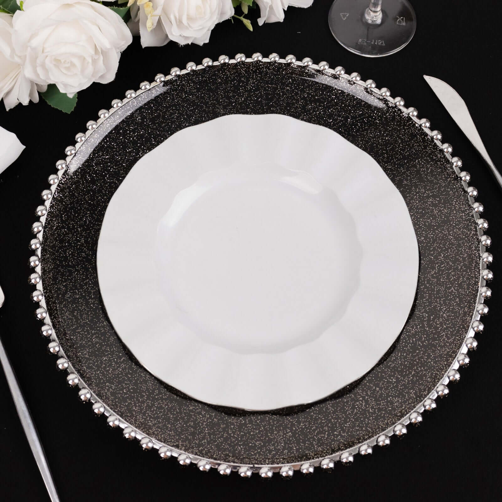 6 - Pack Acrylic Round Charger Plates 13" in Transparent Black Silver Glittered with Beaded Rim, Decorative Dinner Party Charger Tableware - Bell Racket Store