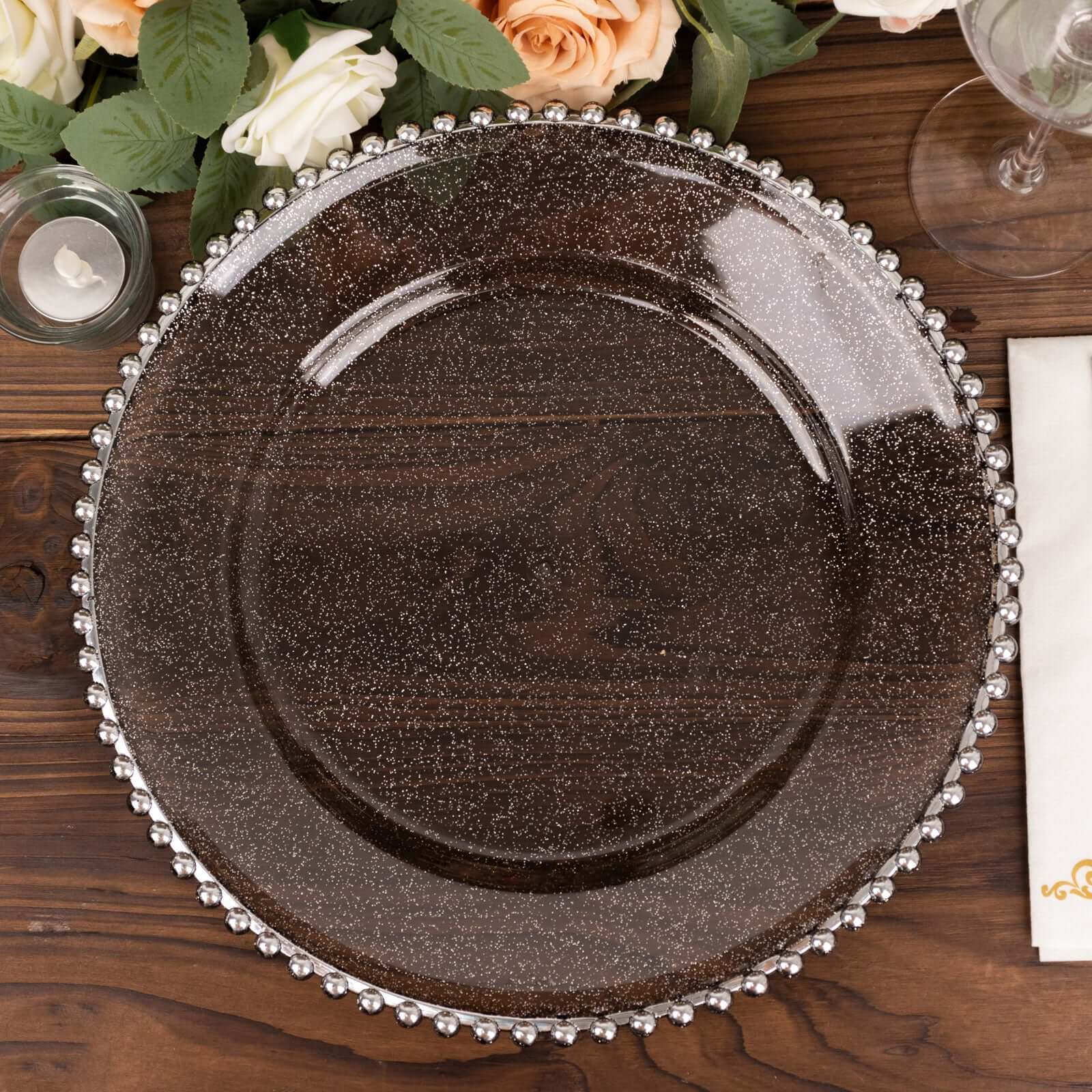 6 - Pack Acrylic Round Charger Plates 13" in Transparent Black Silver Glittered with Beaded Rim, Decorative Dinner Party Charger Tableware - Bell Racket Store