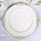6-Pack Acrylic Round Charger Plates 13" in White Washed with Gold Embossed Baroque Rim, Antique Decorative Dinner Party Charger Tableware