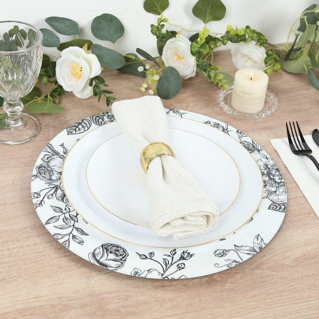 6 - Pack Acrylic Round Charger Plates 13" in White with Black Floral French Toile Pattern, Decorative Dinner Party Charger Tableware - Bell Racket Store