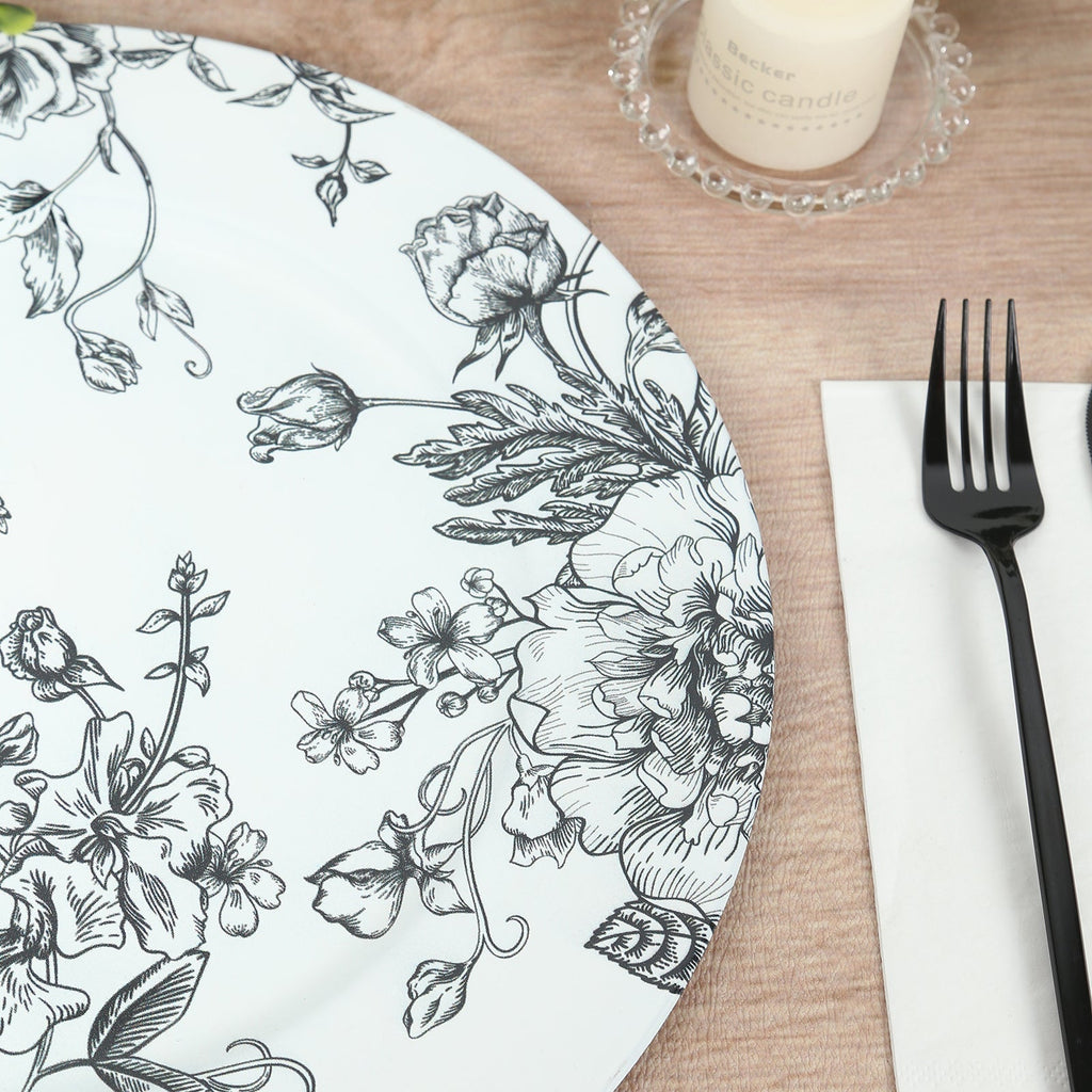 6 - Pack Acrylic Round Charger Plates 13" in White with Black Floral French Toile Pattern, Decorative Dinner Party Charger Tableware - Bell Racket Store