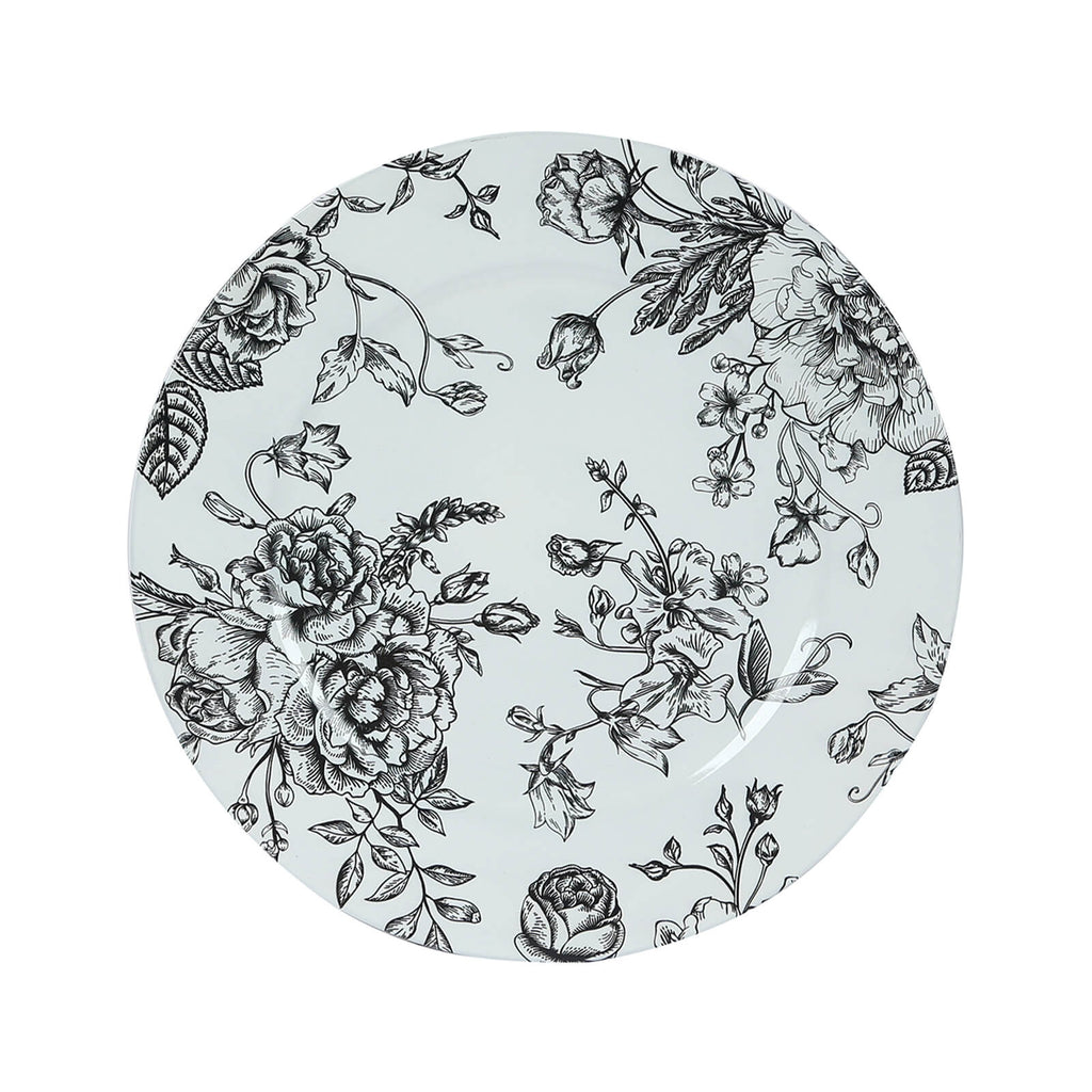 6 - Pack Acrylic Round Charger Plates 13" in White with Black Floral French Toile Pattern, Decorative Dinner Party Charger Tableware - Bell Racket Store