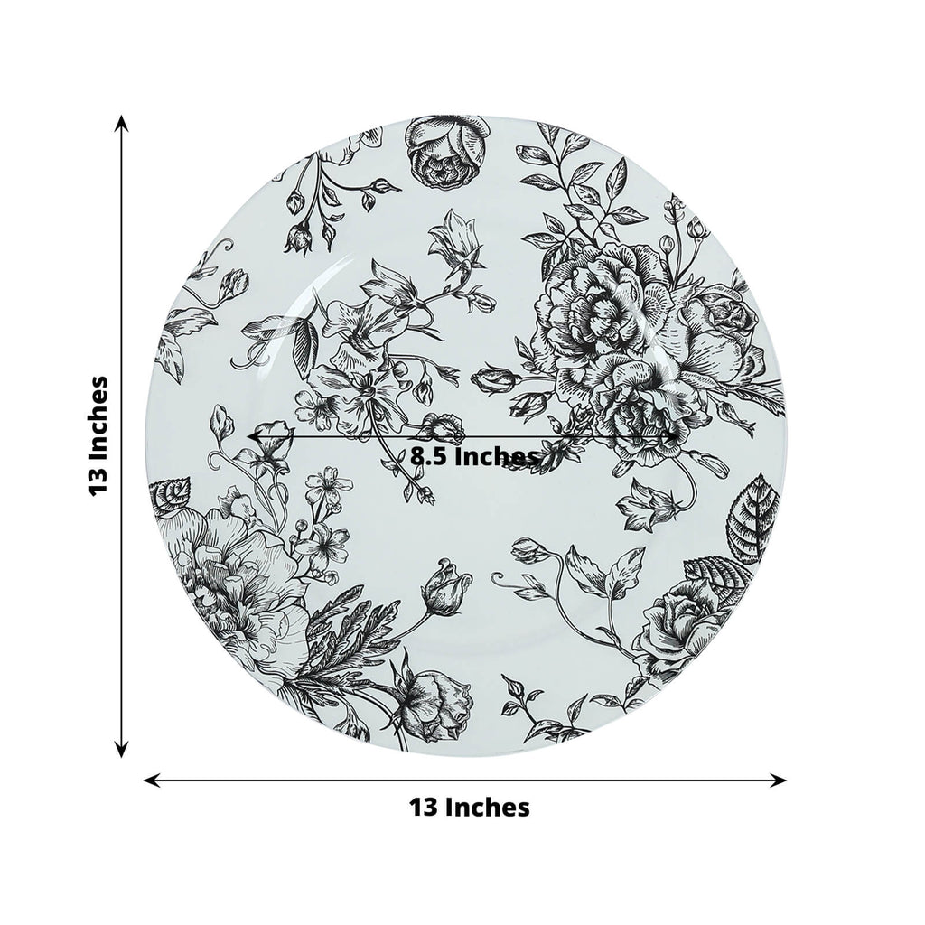 6 - Pack Acrylic Round Charger Plates 13" in White with Black Floral French Toile Pattern, Decorative Dinner Party Charger Tableware - Bell Racket Store