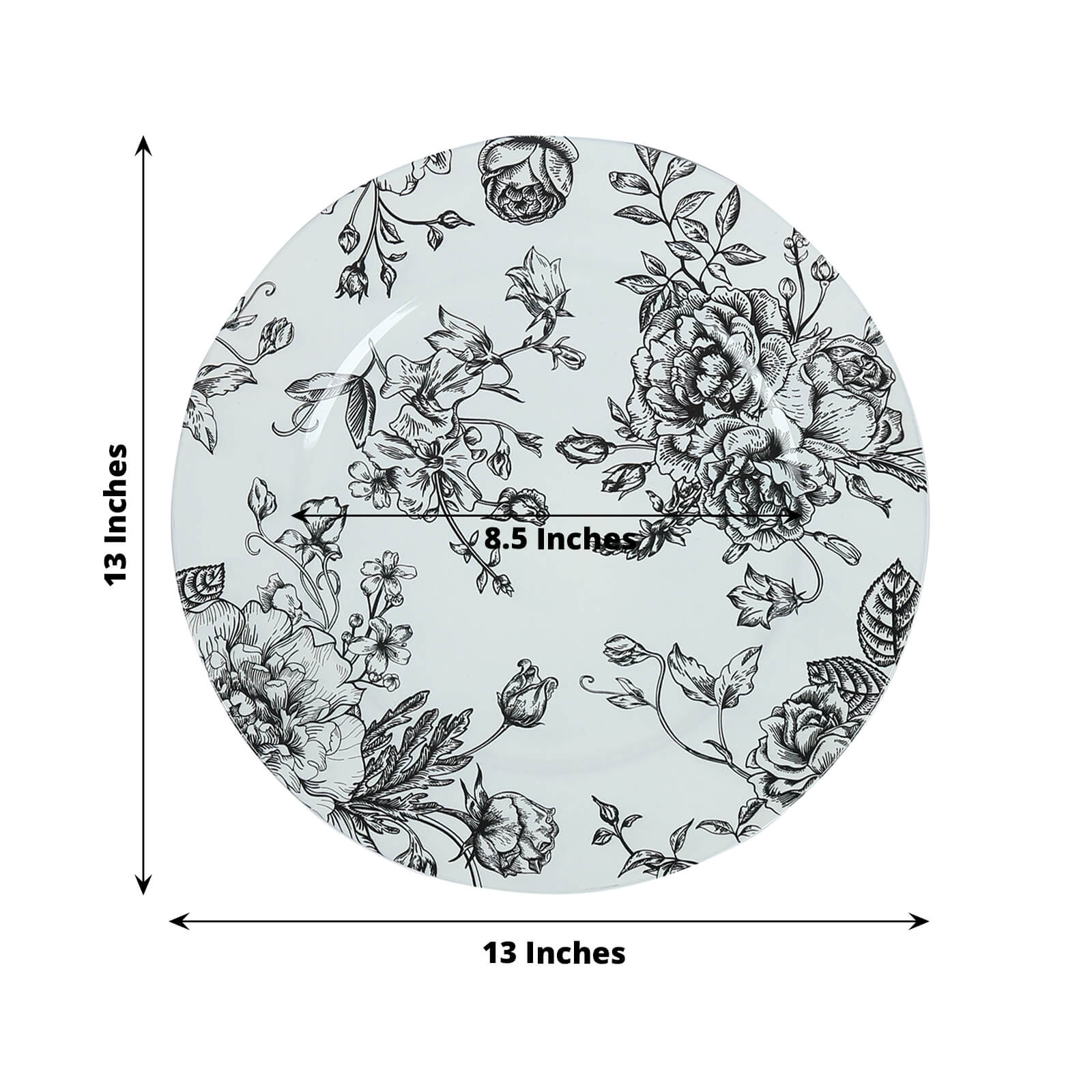 6 - Pack Acrylic Round Charger Plates 13" in White with Black Floral French Toile Pattern, Decorative Dinner Party Charger Tableware - Bell Racket Store
