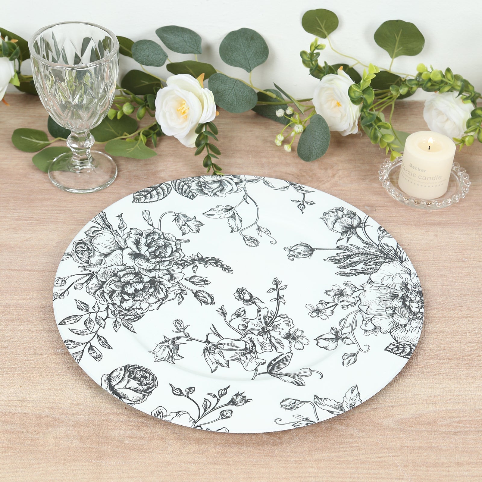 6 - Pack Acrylic Round Charger Plates 13" in White with Black Floral French Toile Pattern, Decorative Dinner Party Charger Tableware - Bell Racket Store