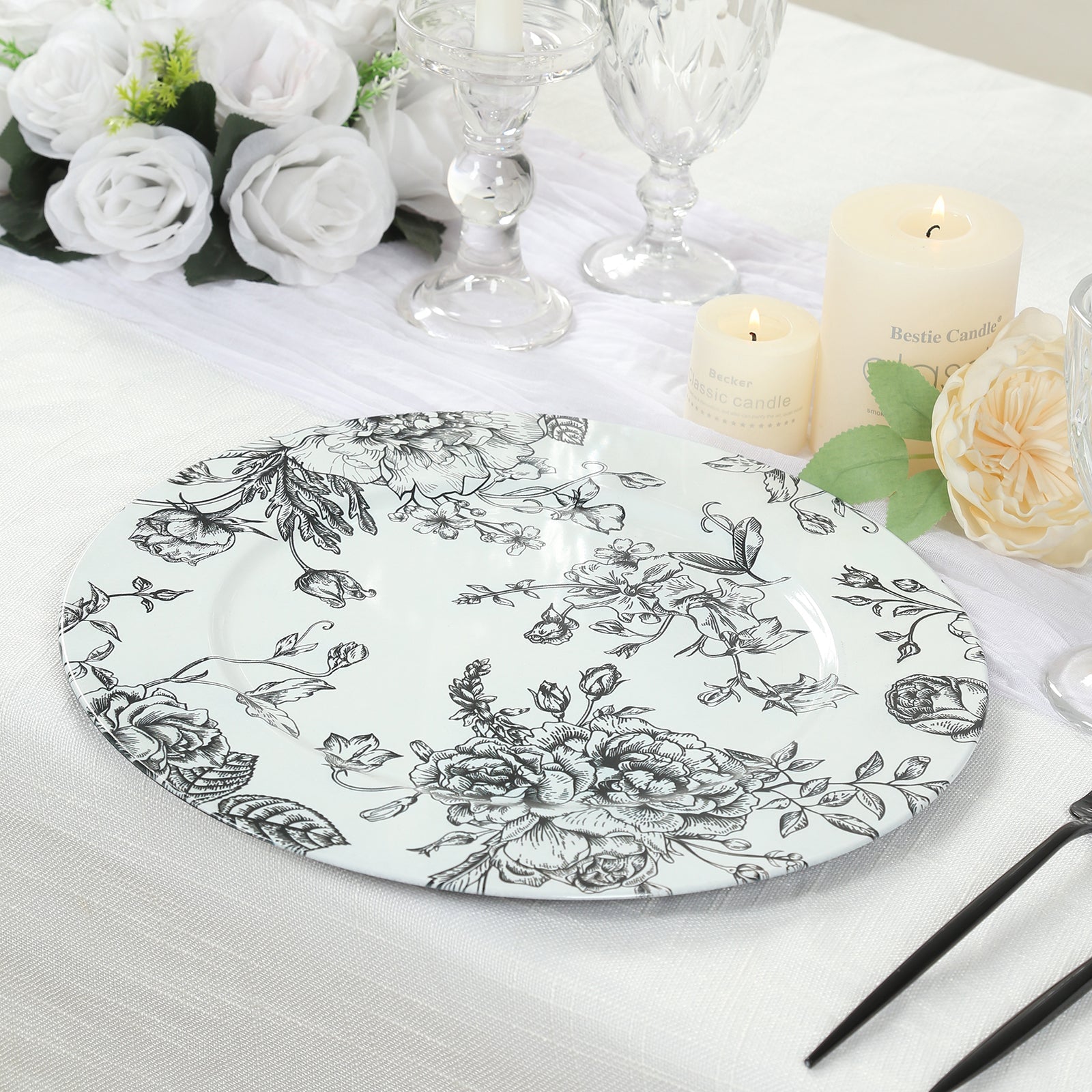 6 - Pack Acrylic Round Charger Plates 13" in White with Black Floral French Toile Pattern, Decorative Dinner Party Charger Tableware - Bell Racket Store