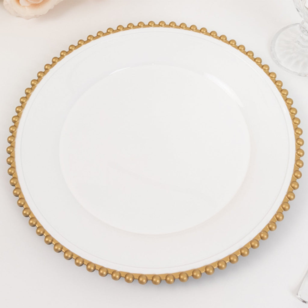 6 - Pack Acrylic Round Charger Plates 13" in White with Gold Beaded Rim, Decorative Dinner Party Charger Tableware - Bell Racket Store