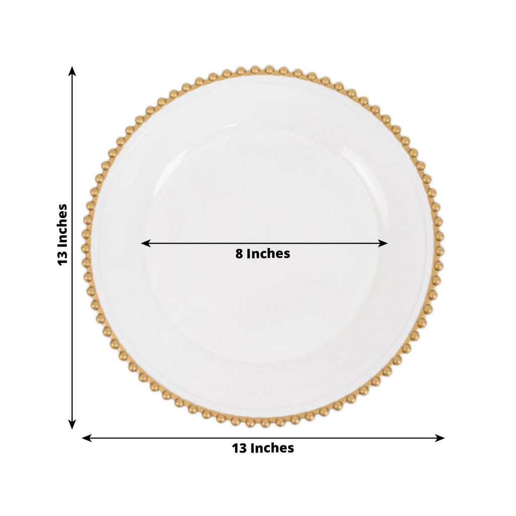 6 - Pack Acrylic Round Charger Plates 13" in White with Gold Beaded Rim, Decorative Dinner Party Charger Tableware - Bell Racket Store