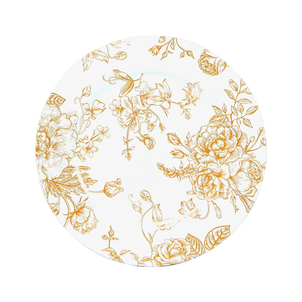 6 - Pack Acrylic Round Charger Plates 13" in White with Gold Floral French Toile Pattern, Decorative Dinner Party Charger Tableware - Bell Racket Store