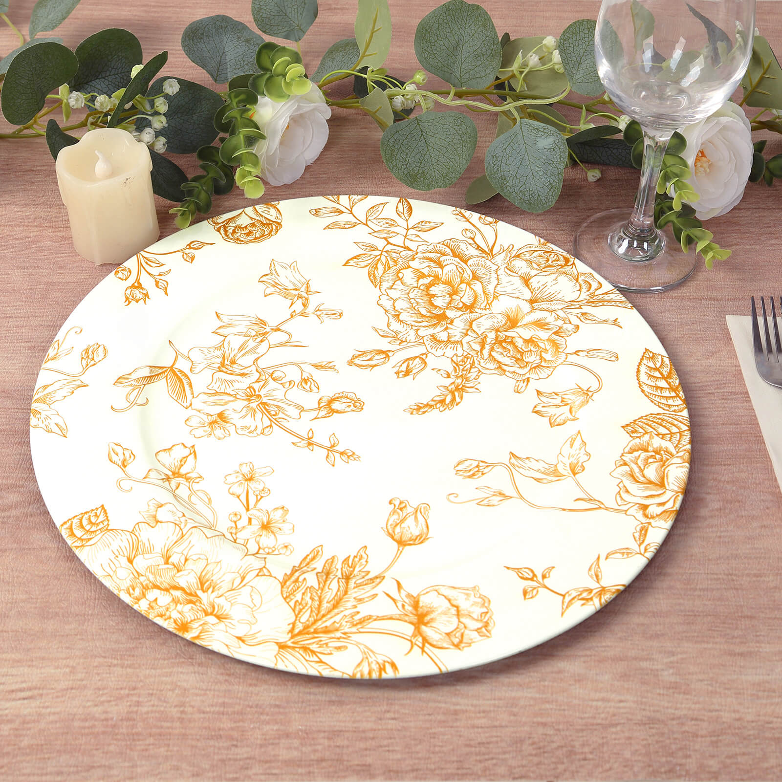 6 - Pack Acrylic Round Charger Plates 13" in White with Gold Floral French Toile Pattern, Decorative Dinner Party Charger Tableware - Bell Racket Store