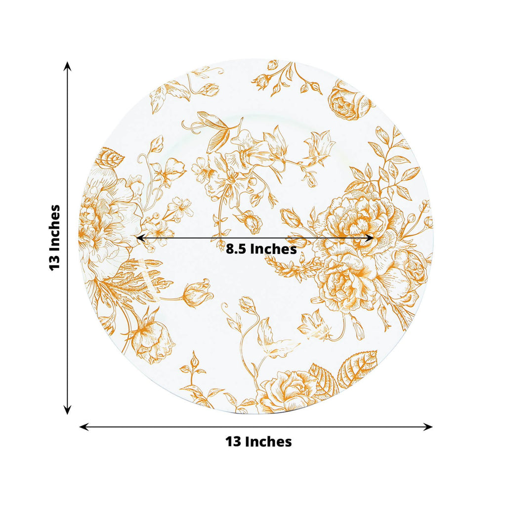 6 - Pack Acrylic Round Charger Plates 13" in White with Gold Floral French Toile Pattern, Decorative Dinner Party Charger Tableware - Bell Racket Store