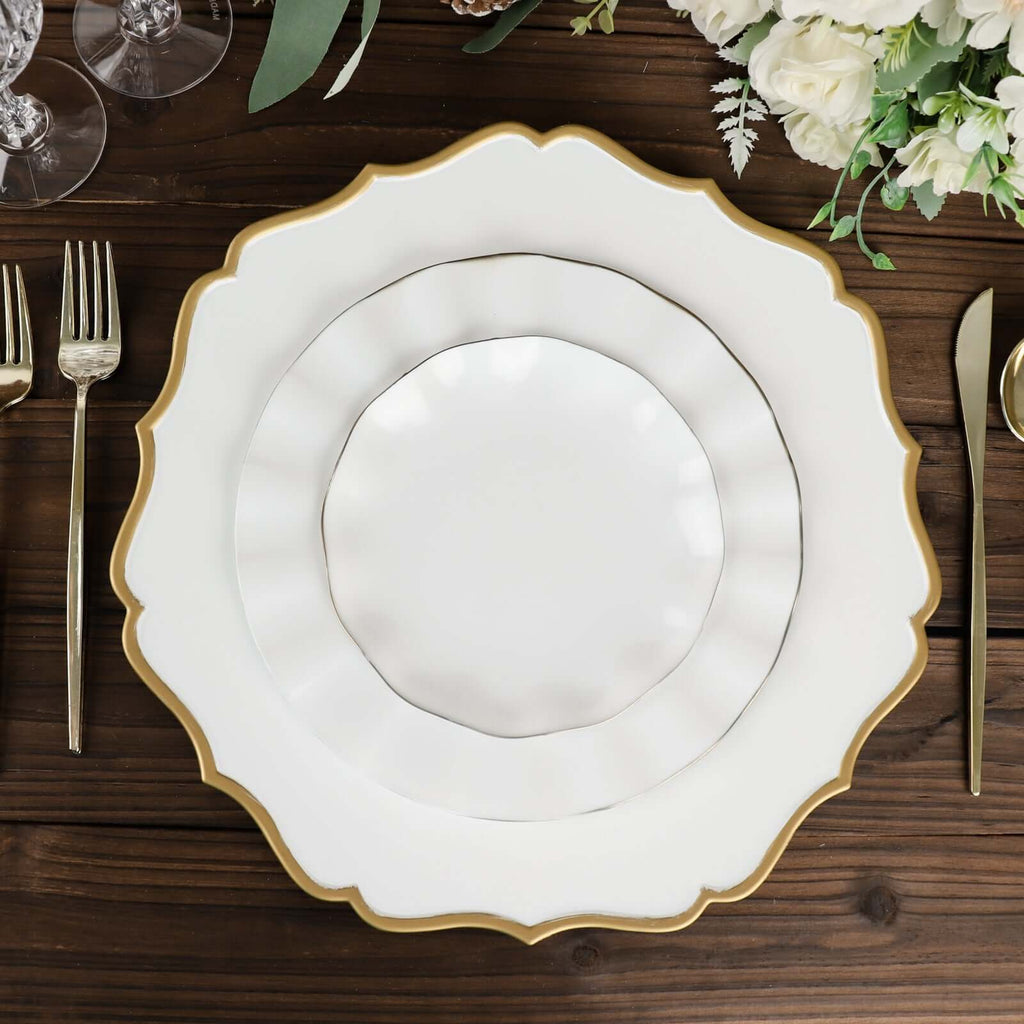 6 - Pack Acrylic Round Charger Plates 13" in White with Gold Scalloped Rim, Decorative Dinner Party Plastic Charger Tableware - Bell Racket Store