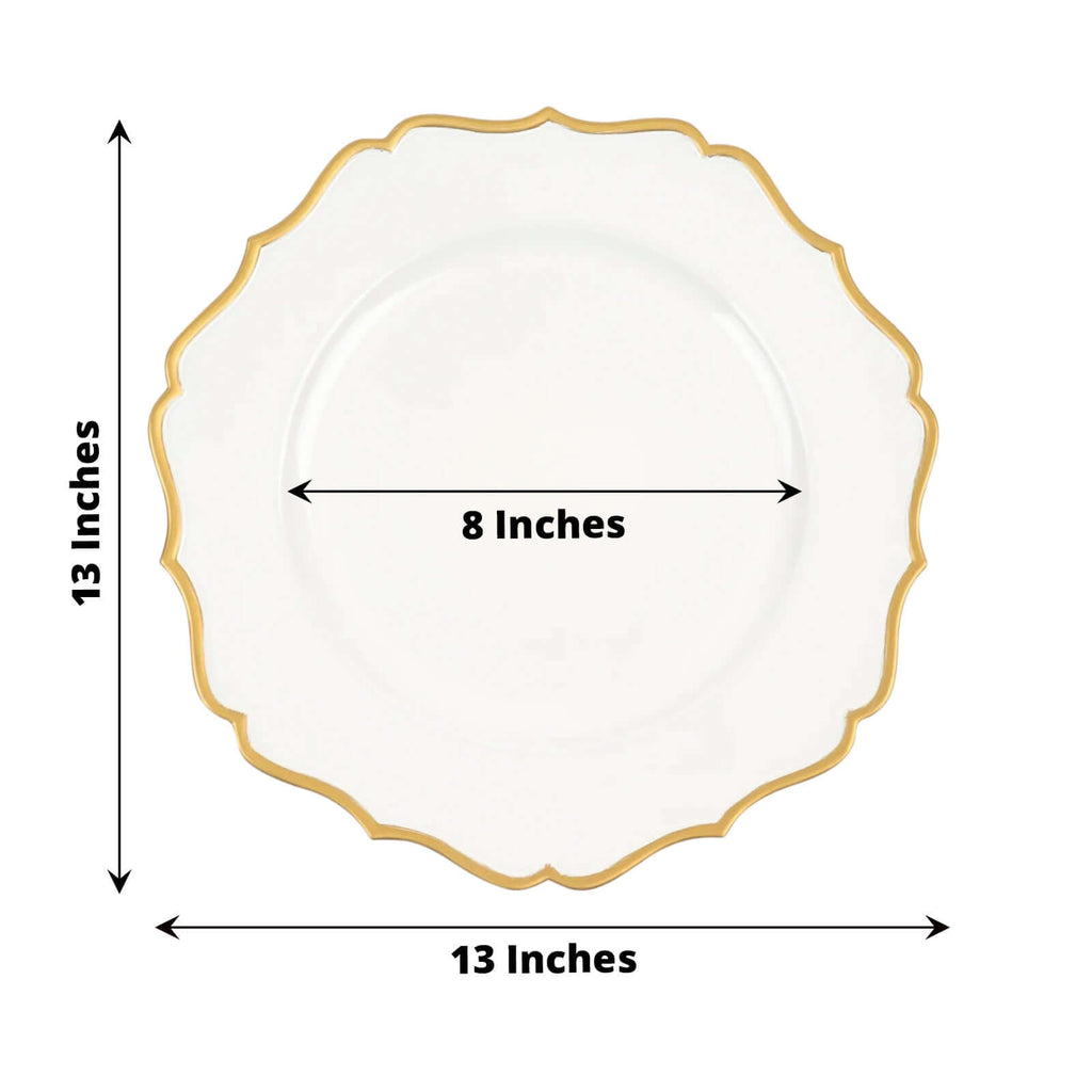 6 - Pack Acrylic Round Charger Plates 13" in White with Gold Scalloped Rim, Decorative Dinner Party Plastic Charger Tableware - Bell Racket Store