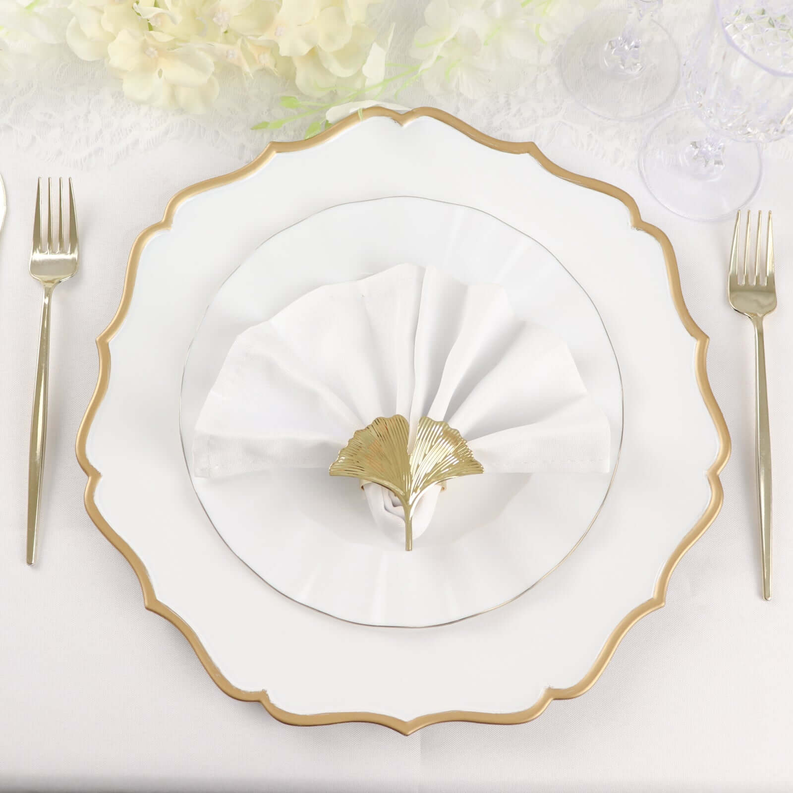 6 - Pack Acrylic Round Charger Plates 13" in White with Gold Scalloped Rim, Decorative Dinner Party Plastic Charger Tableware - Bell Racket Store