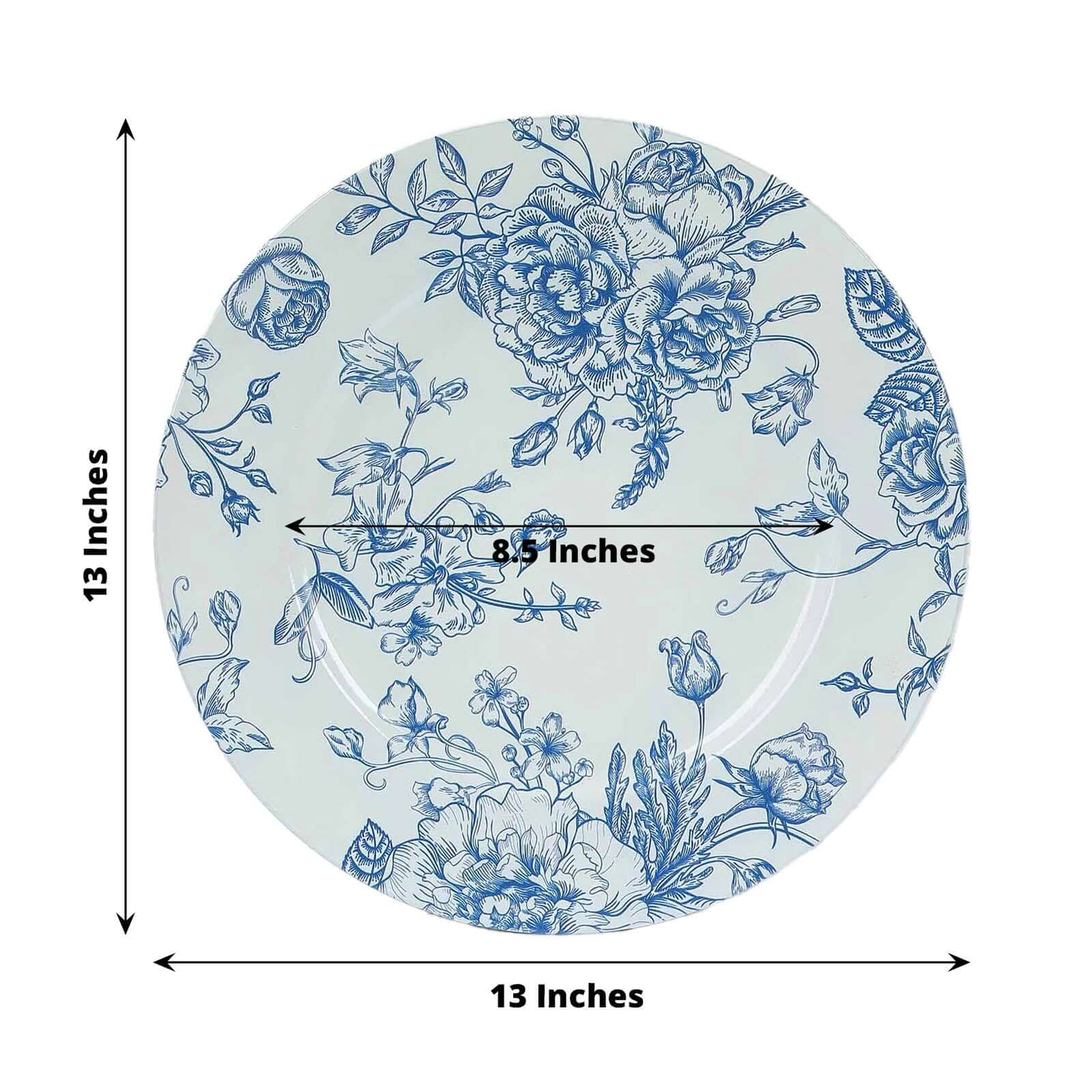 6 - Pack Acrylic Round Charger Plates 13" in White with Light Blue Floral French Toile Pattern, Decorative Dinner Party Charger Tableware - Bell Racket Store