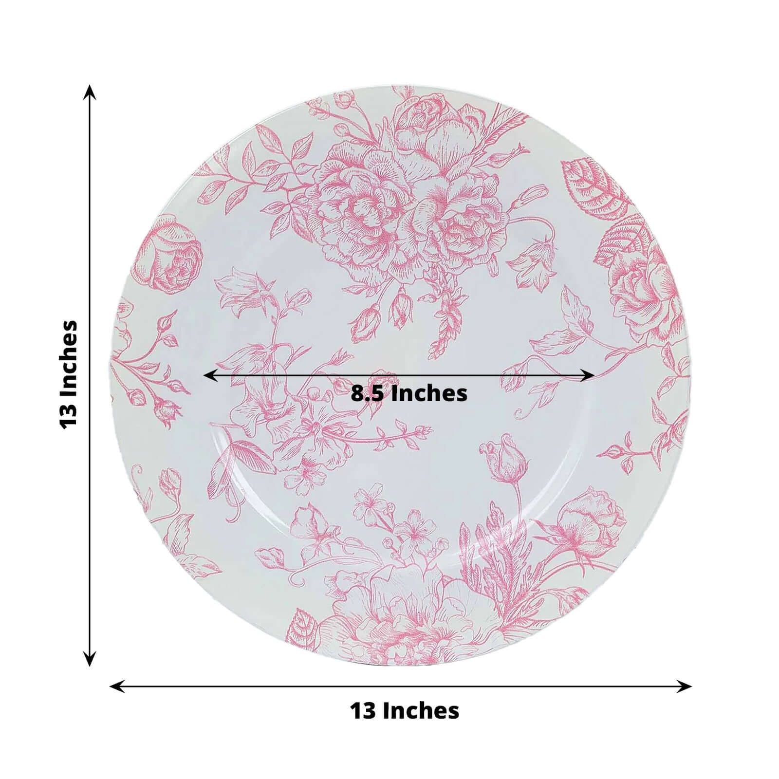 6 - Pack Acrylic Round Charger Plates 13" in White with Pink Floral French Toile Pattern, Decorative Dinner Party Charger Tableware - Bell Racket Store