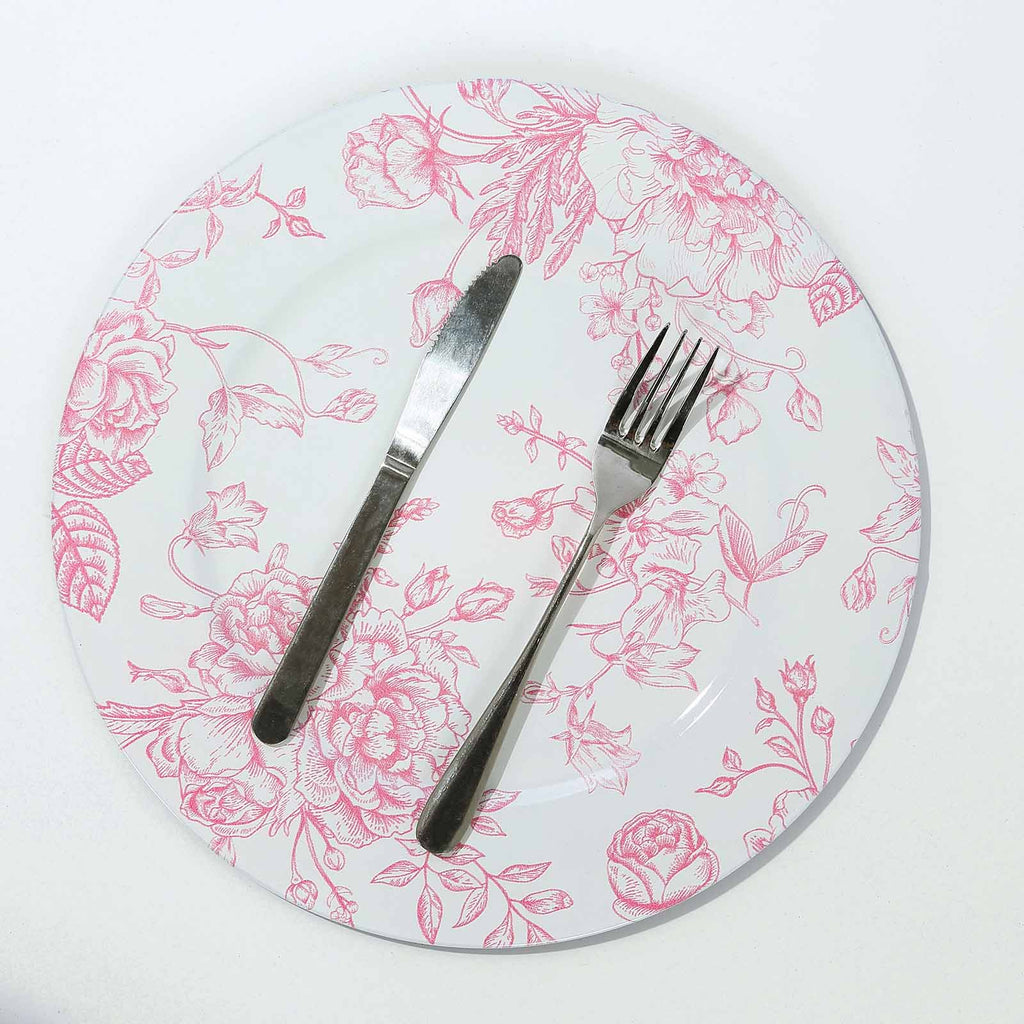 6 - Pack Acrylic Round Charger Plates 13" in White with Pink Floral French Toile Pattern, Decorative Dinner Party Charger Tableware - Bell Racket Store