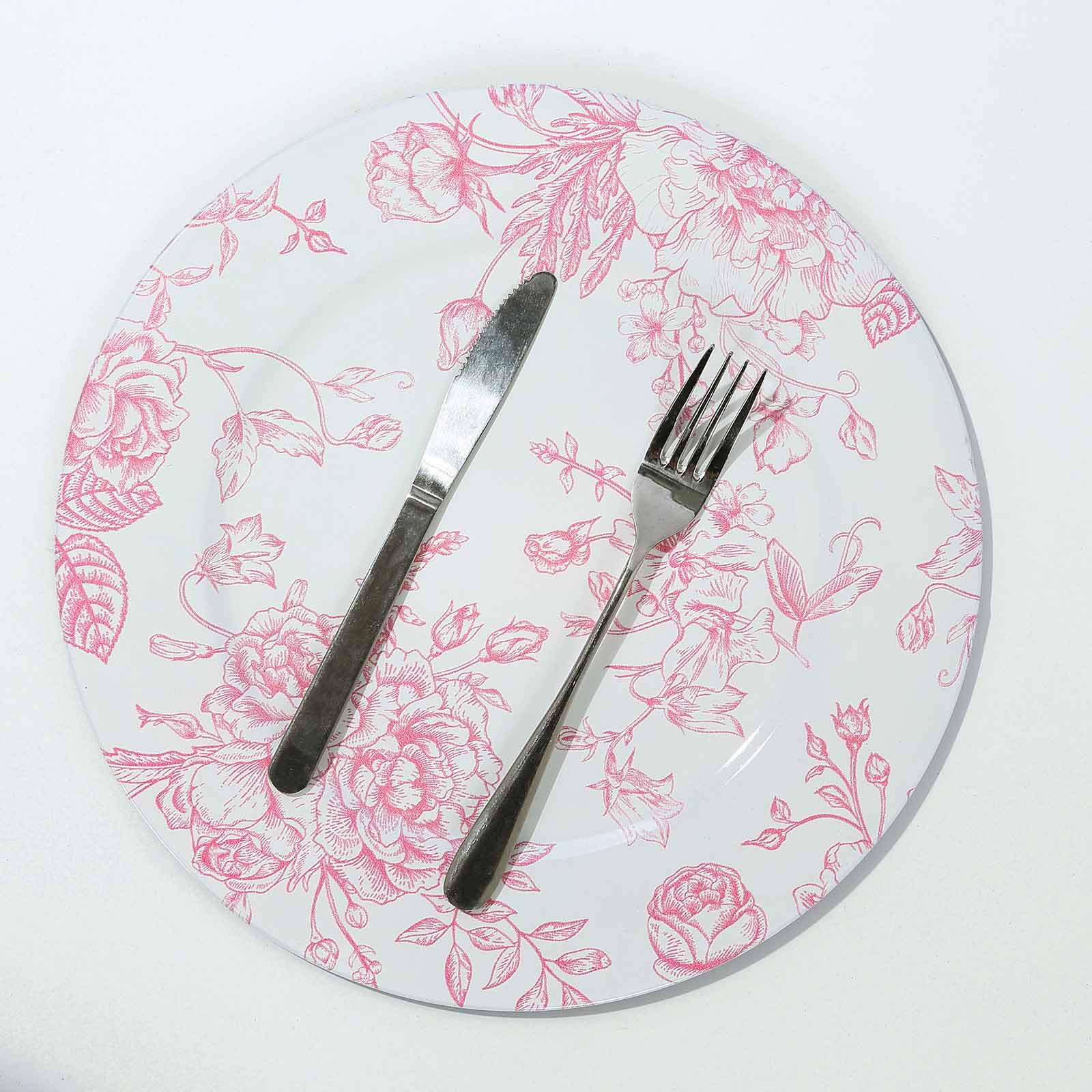 6 - Pack Acrylic Round Charger Plates 13" in White with Pink Floral French Toile Pattern, Decorative Dinner Party Charger Tableware - Bell Racket Store