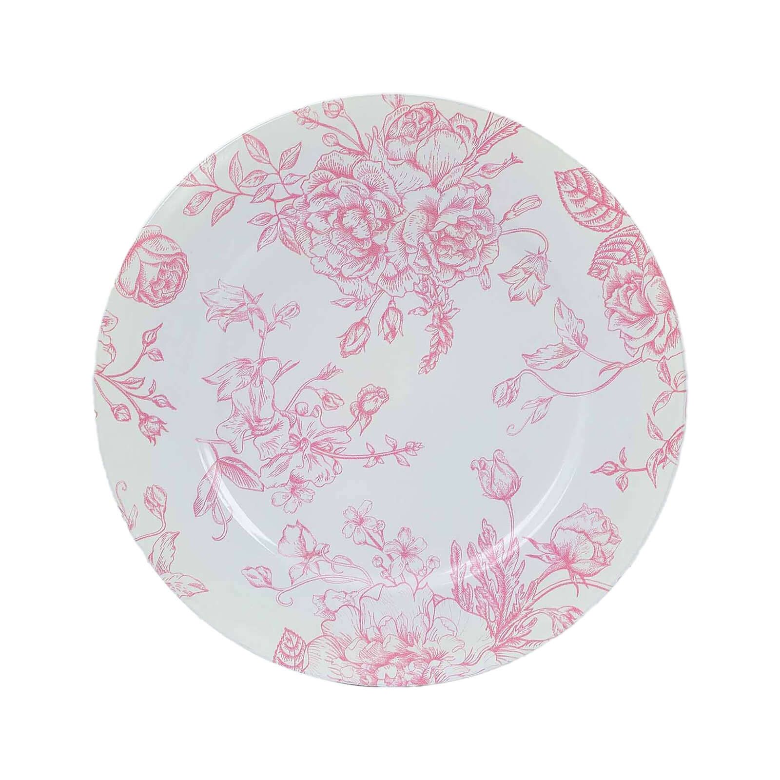 6 - Pack Acrylic Round Charger Plates 13" in White with Pink Floral French Toile Pattern, Decorative Dinner Party Charger Tableware - Bell Racket Store