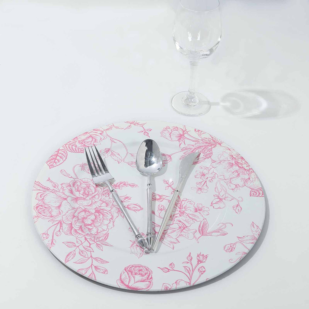 6 - Pack Acrylic Round Charger Plates 13" in White with Pink Floral French Toile Pattern, Decorative Dinner Party Charger Tableware - Bell Racket Store