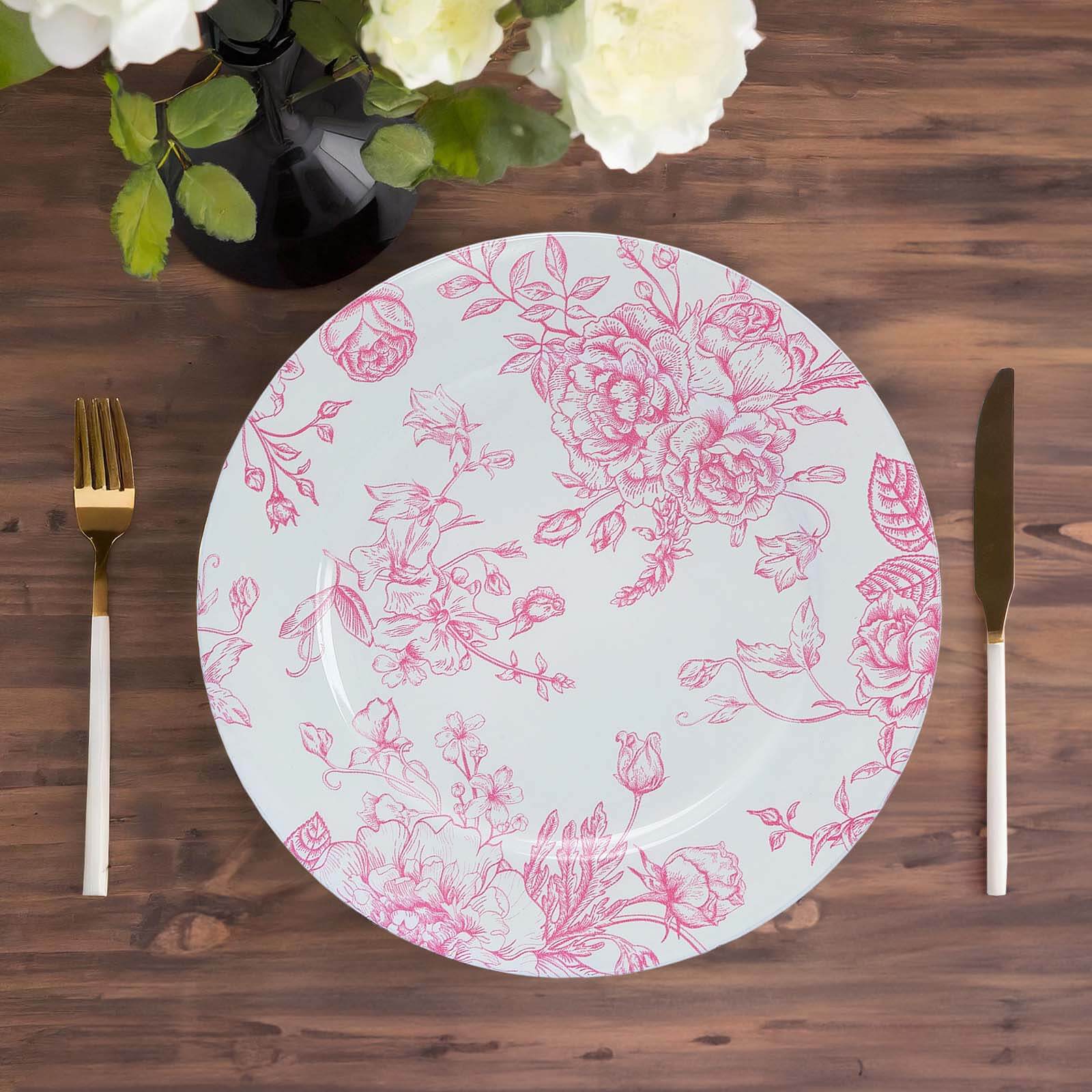 6 - Pack Acrylic Round Charger Plates 13" in White with Pink Floral French Toile Pattern, Decorative Dinner Party Charger Tableware - Bell Racket Store