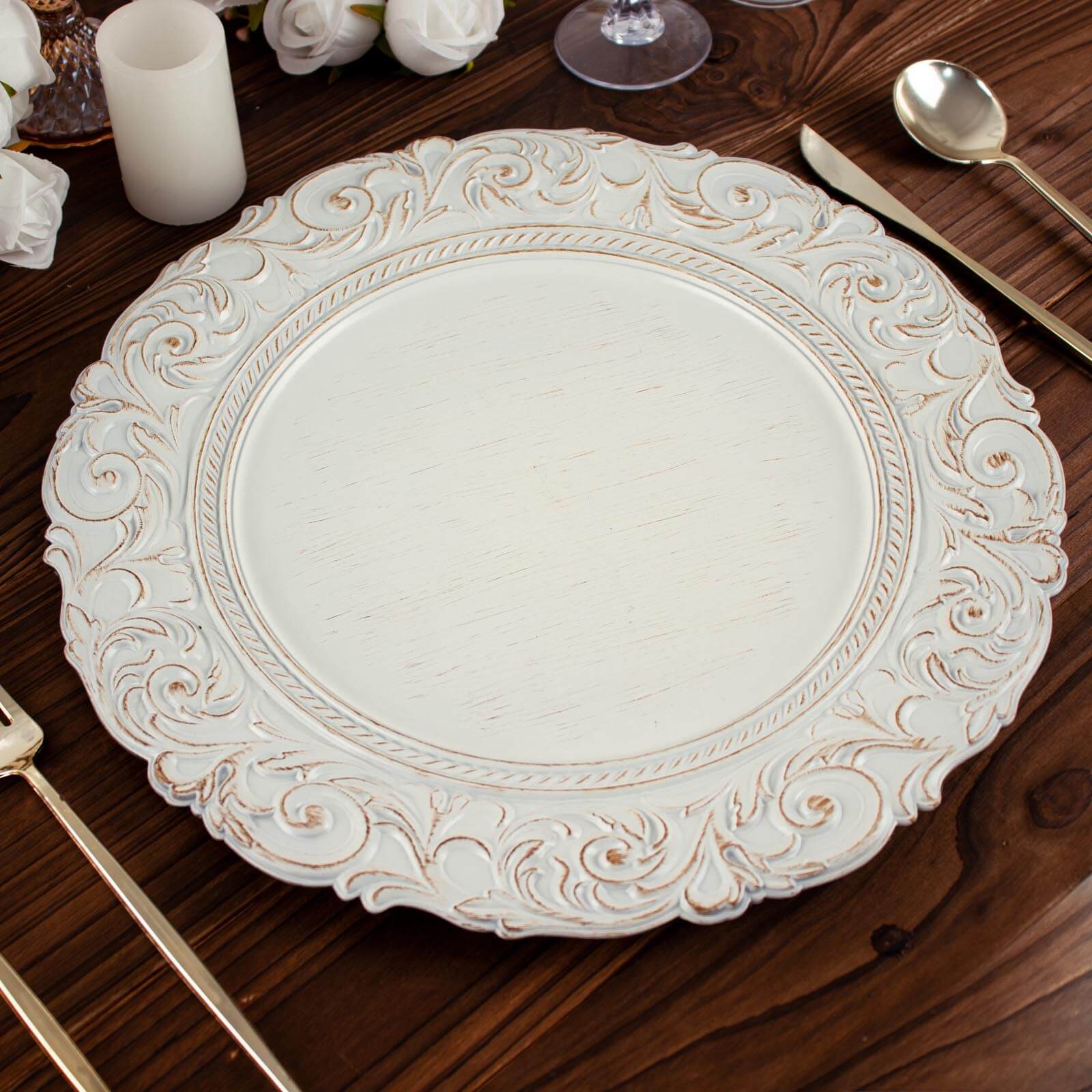 6-Pack Acrylic Round Charger Plates 14" in Antique White with Gold Engraved Baroque Rim, Vintage Disposable Decorative Chargers