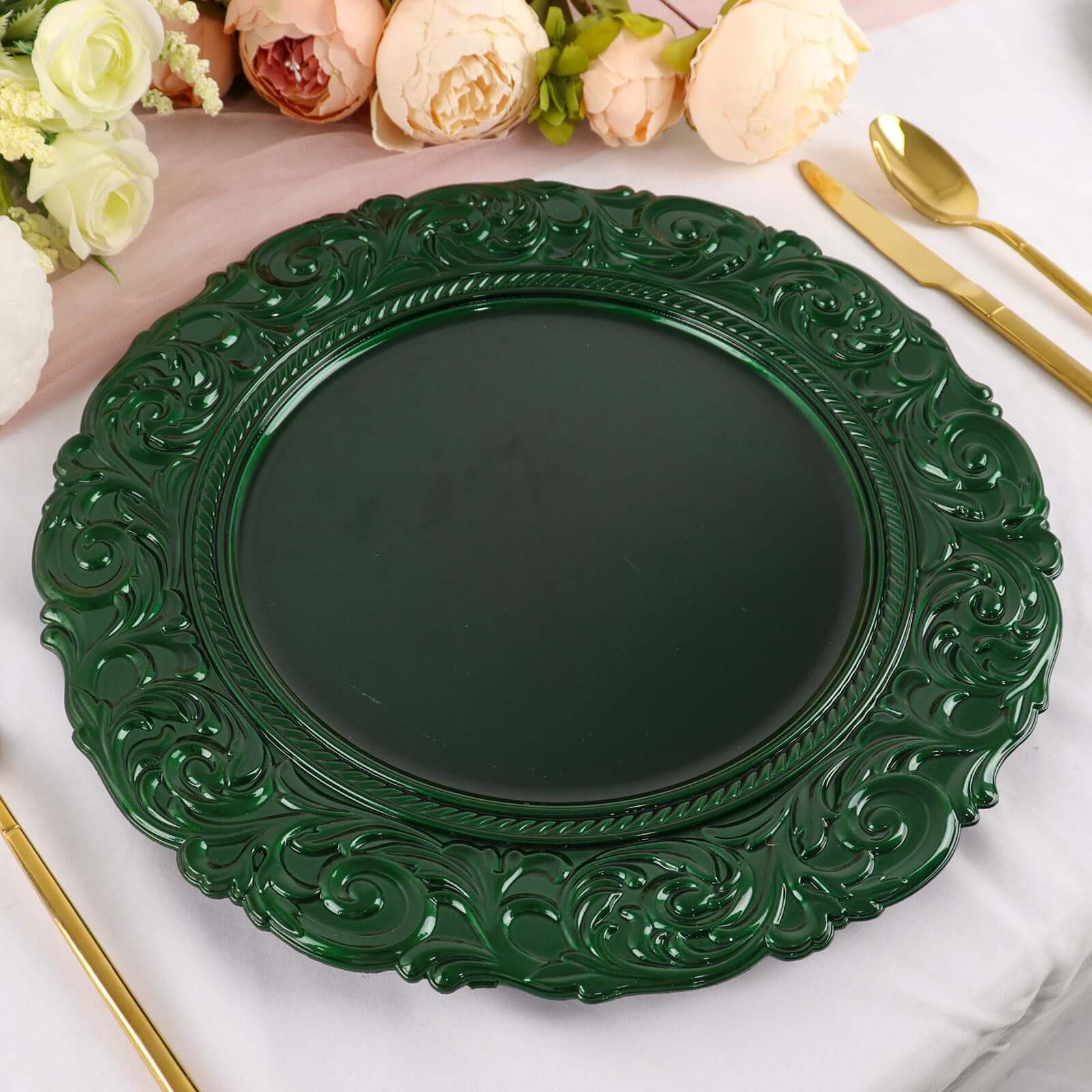 6 - Pack Acrylic Round Charger Plates 14" in Hunter Emerald Green with Engraved Baroque Rim, Vintage Disposable Decorative Chargers - Bell Racket Store