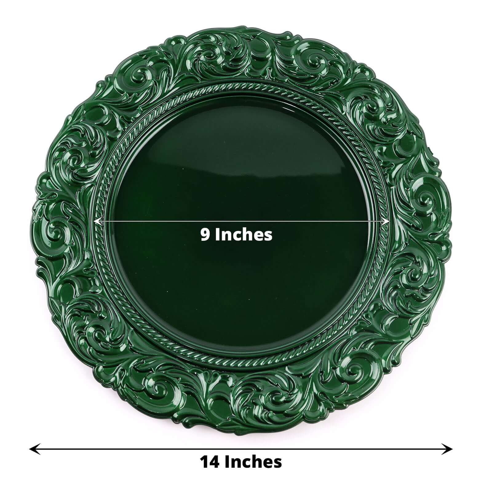 6 - Pack Acrylic Round Charger Plates 14" in Hunter Emerald Green with Engraved Baroque Rim, Vintage Disposable Decorative Chargers - Bell Racket Store