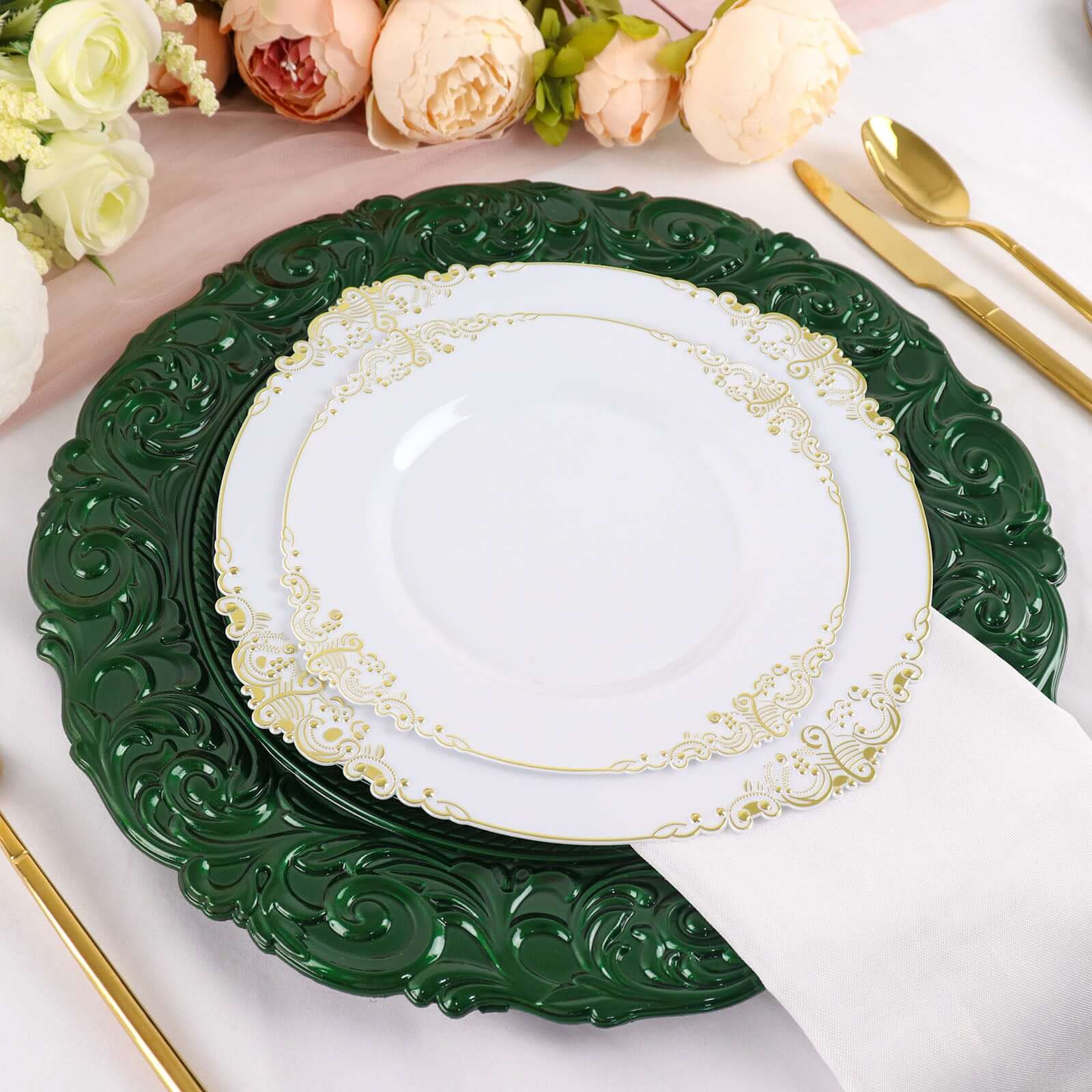 6 - Pack Acrylic Round Charger Plates 14" in Hunter Emerald Green with Engraved Baroque Rim, Vintage Disposable Decorative Chargers - Bell Racket Store