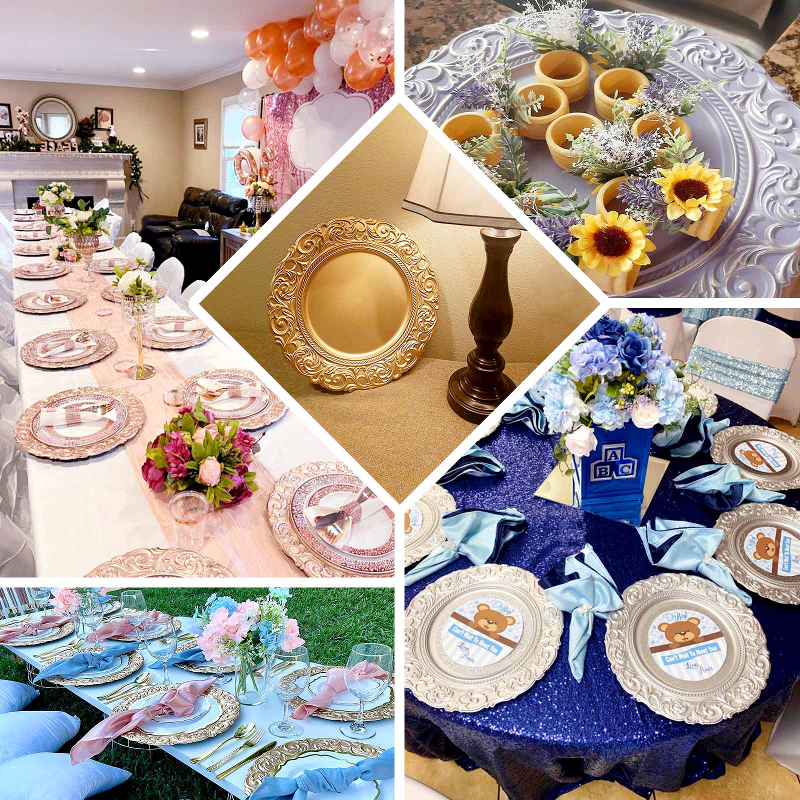 6 - Pack Acrylic Round Charger Plates 14" in Taupe with Engraved Baroque Rim, Vintage Disposable Decorative Chargers - Bell Racket Store