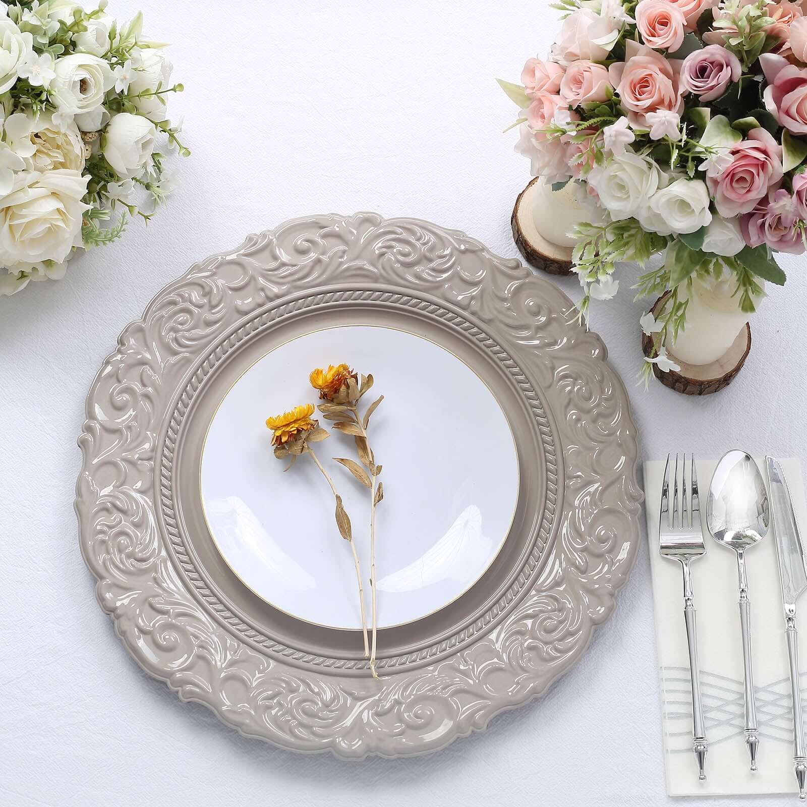 6 - Pack Acrylic Round Charger Plates 14" in Taupe with Engraved Baroque Rim, Vintage Disposable Decorative Chargers - Bell Racket Store