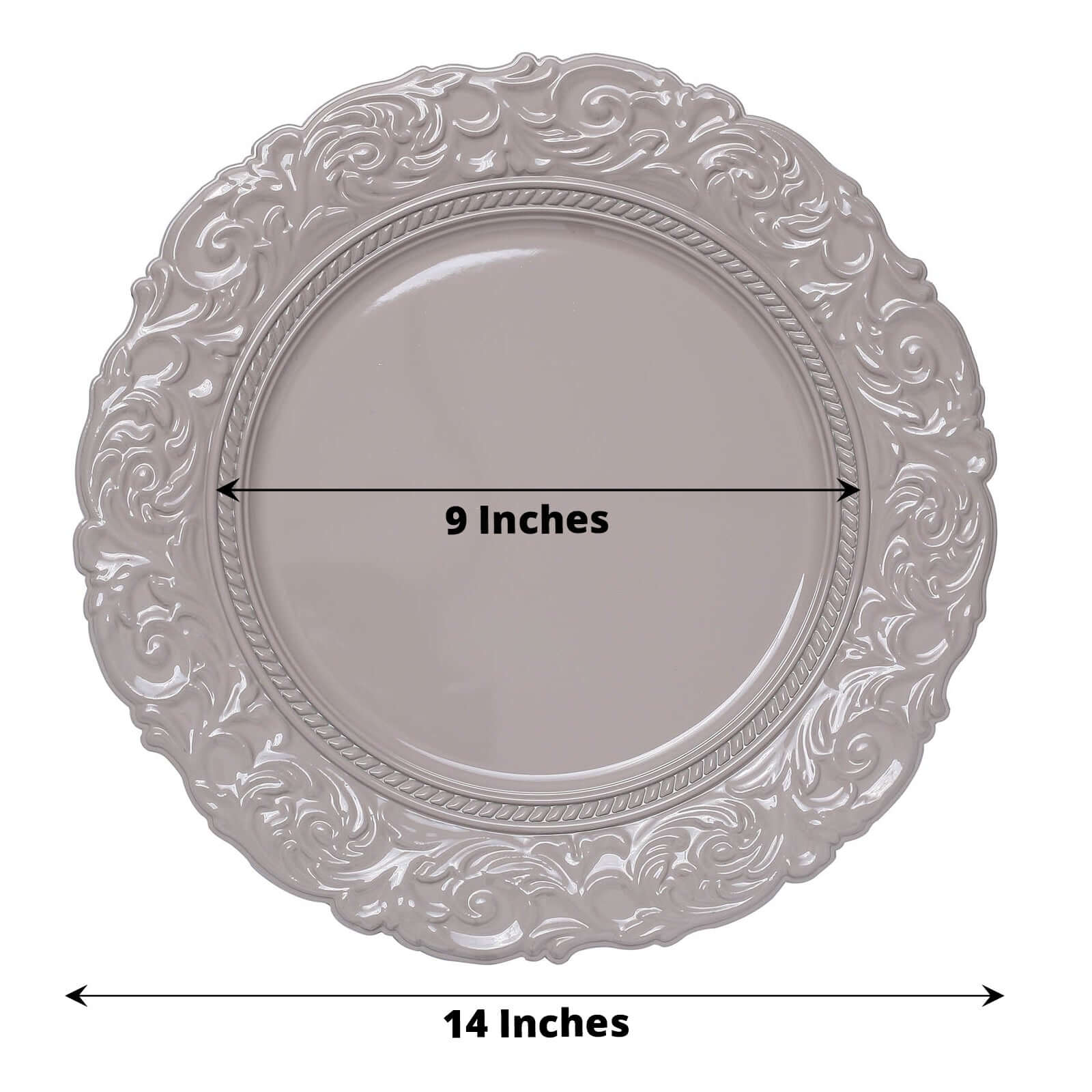 6 - Pack Acrylic Round Charger Plates 14" in Taupe with Engraved Baroque Rim, Vintage Disposable Decorative Chargers - Bell Racket Store