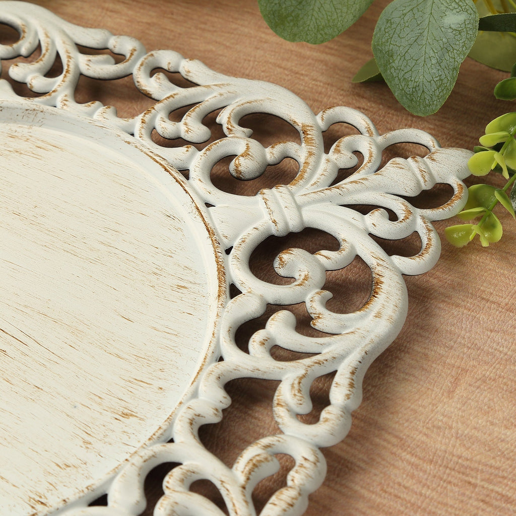 6 - Pack Acrylic Square Charger Plates 12" Antique White with Hollow Lace Border, Event Tabletop Decorative Charger Tableware - Bell Racket Store