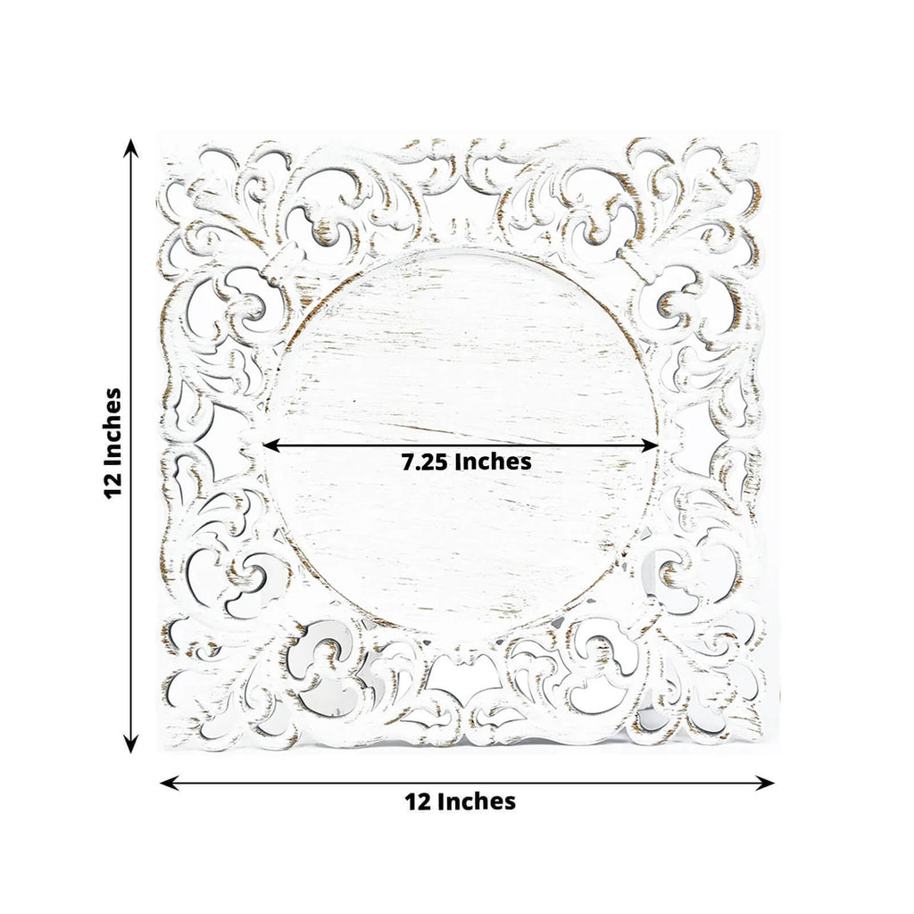 6 - Pack Acrylic Square Charger Plates 12" Antique White with Hollow Lace Border, Event Tabletop Decorative Charger Tableware - Bell Racket Store