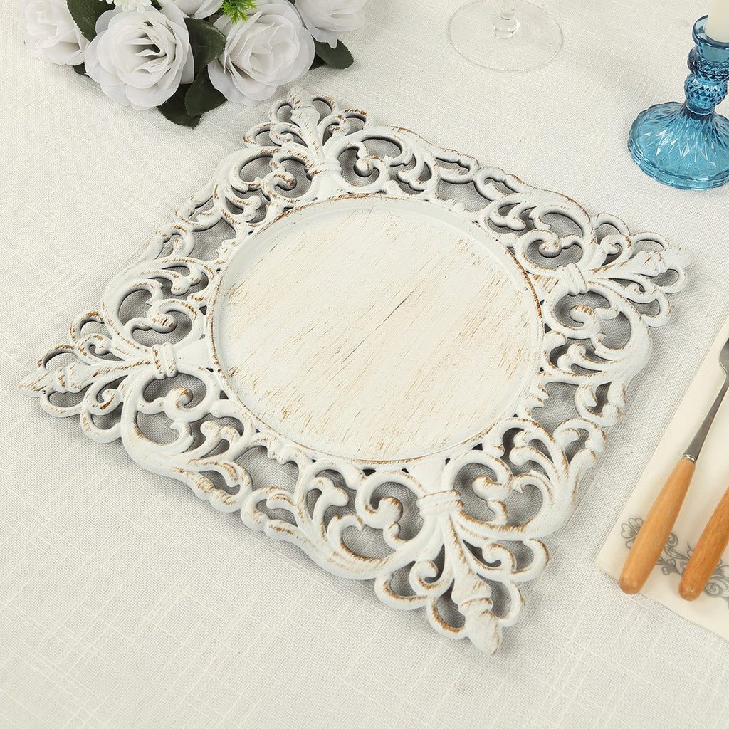6 - Pack Acrylic Square Charger Plates 12" Antique White with Hollow Lace Border, Event Tabletop Decorative Charger Tableware - Bell Racket Store